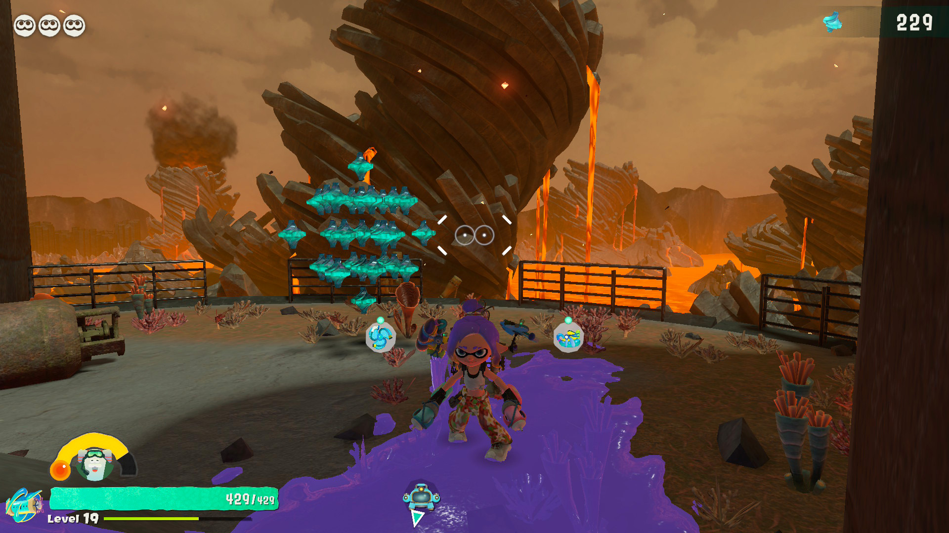 A character in the game 'Splatoon 3' stands in purple ink in a volcanic landscape, with a health bar reading '429/429' and 'Level 19' visible on the screen.