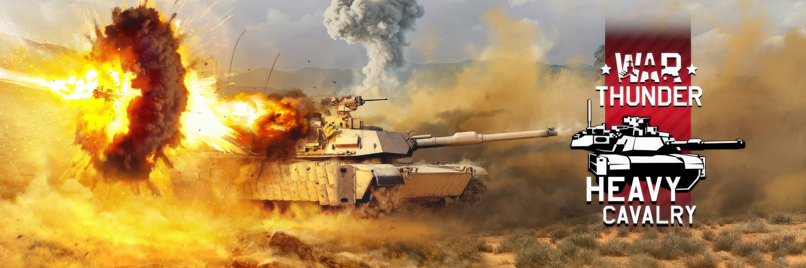 A tank firing during an explosion in the game 'War Thunder: Heavy Cavalry,' with the game title prominently displayed.