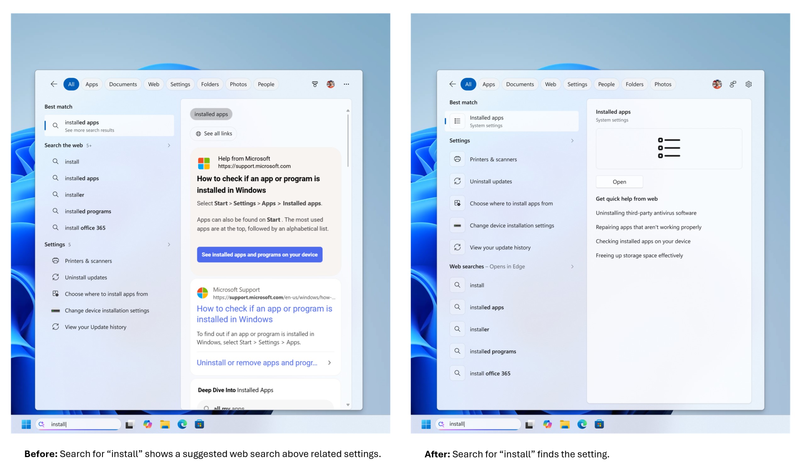 A Windows search comparison shows the install query displaying web results above related settings in the Before image and directly finding Installed apps in the After image.