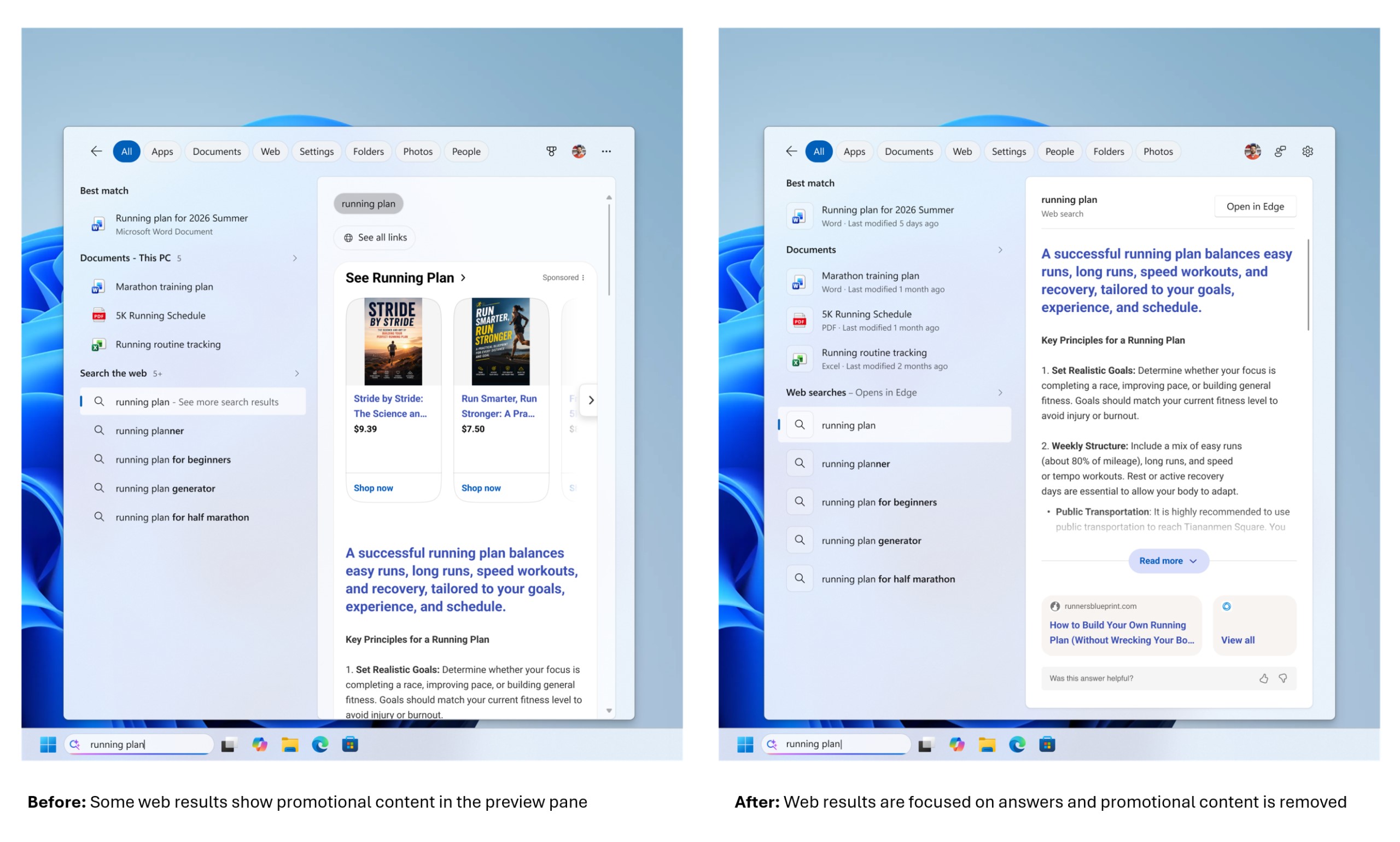 A comparison of two search results windows shows the left side with promotional content under 'See Running Plan,' while the right side focuses on informational content without ads.