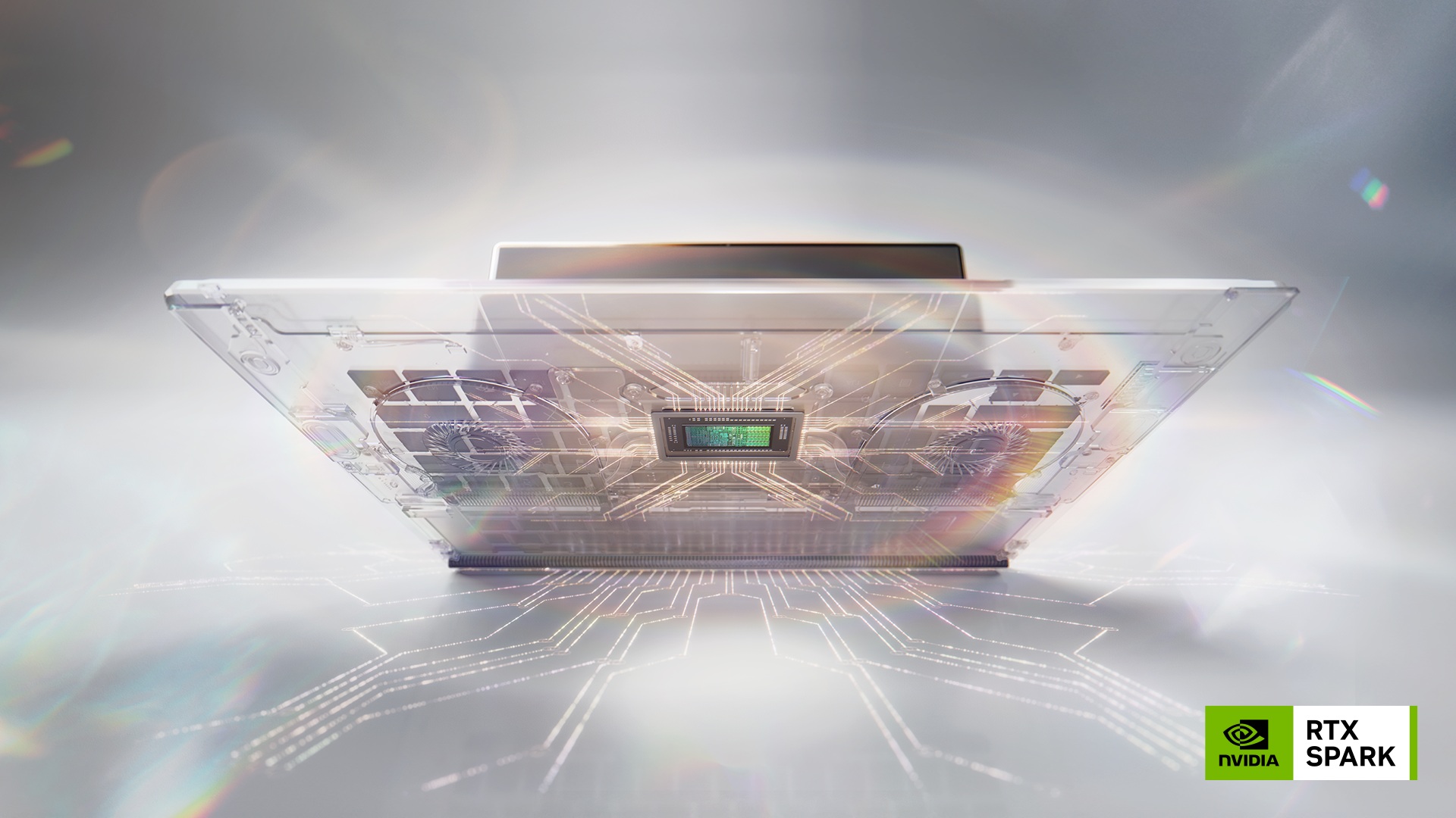 A transparent laptop showcasing internal components with the NVIDIA logo and 'RTX Spark' text in the bottom right corner.