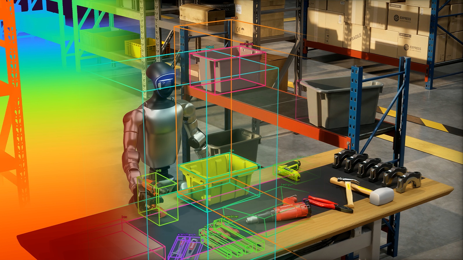 A humanoid robot in a warehouse setting with objects like a drill, screwdriver, heat gun, and hammer highlighted by labeled bounding boxes against a rainbow-colored heat map.