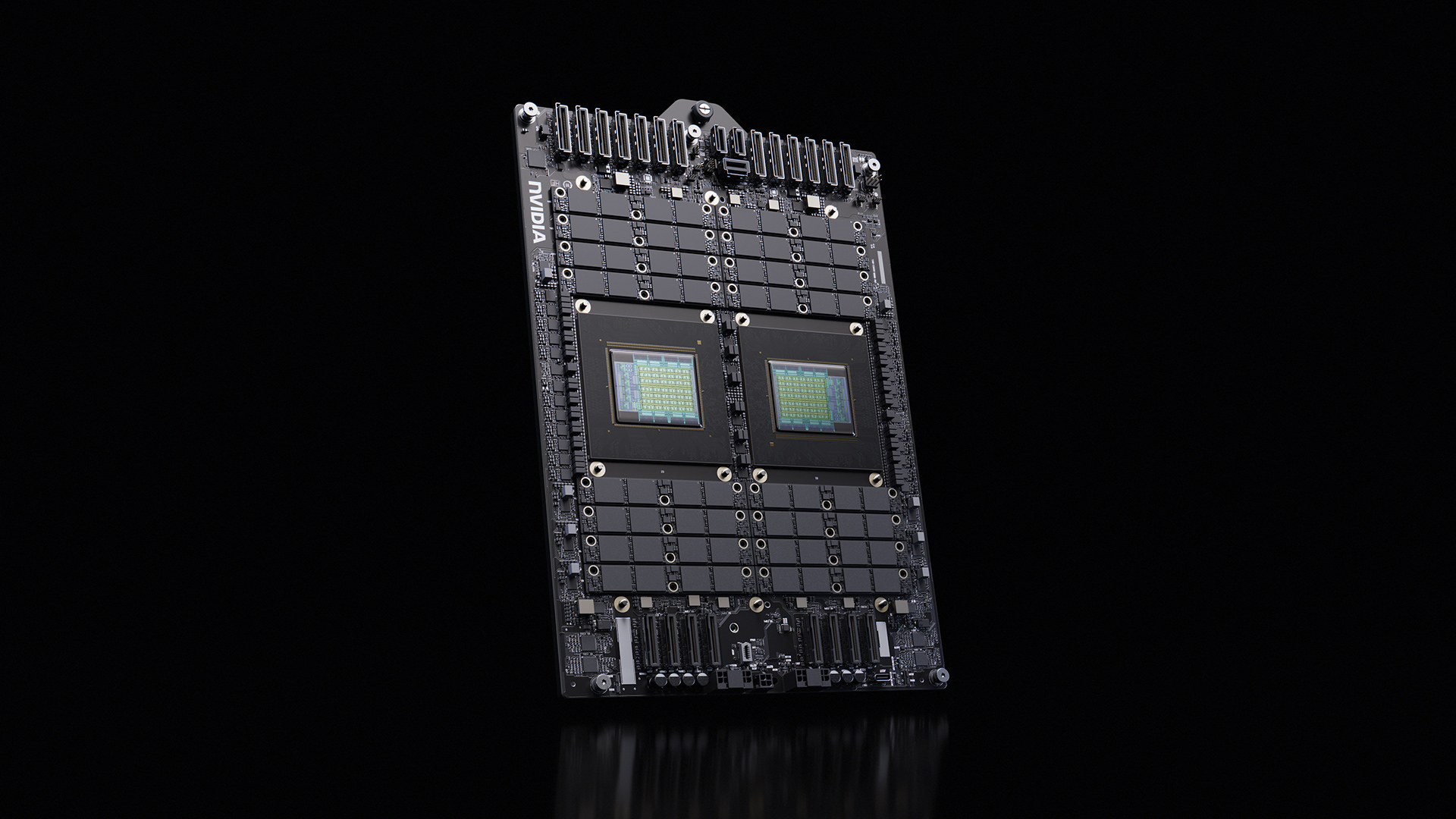 A dual-chip NVIDIA circuit board is displayed with a visible NVIDIA logo on a black background.