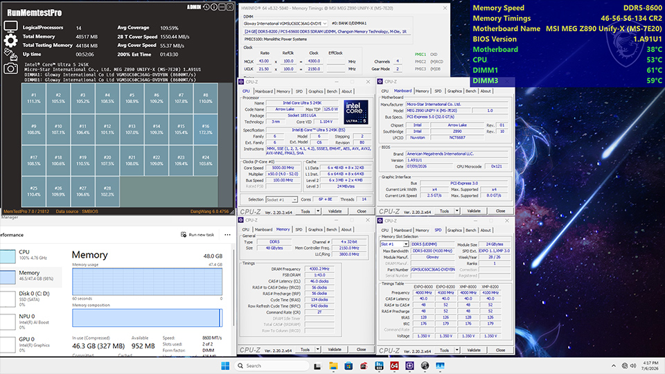 A series of diagnostic software panels on screen display hardware information for an Intel Core i9-12900KS CPU, showing memory speed 'DDR5-8600', motherboard 'MSI MEG Z690 Unify-X', and various performance metrics including memory usage of '46.3 GB'.