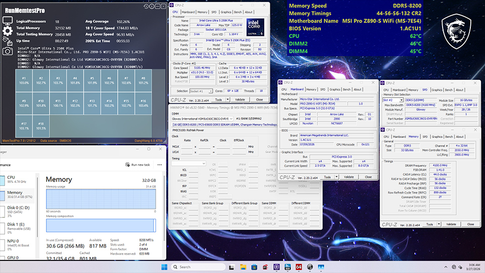 A desktop displaying multiple monitoring applications shows an Intel Core i9-13900KS on an MSI Pro Z890-S WiFi motherboard with DDR5-8200 memory, including CPU-Z, Task Manager, and RunMemtestPro applications, alongside temperature and memory use data.