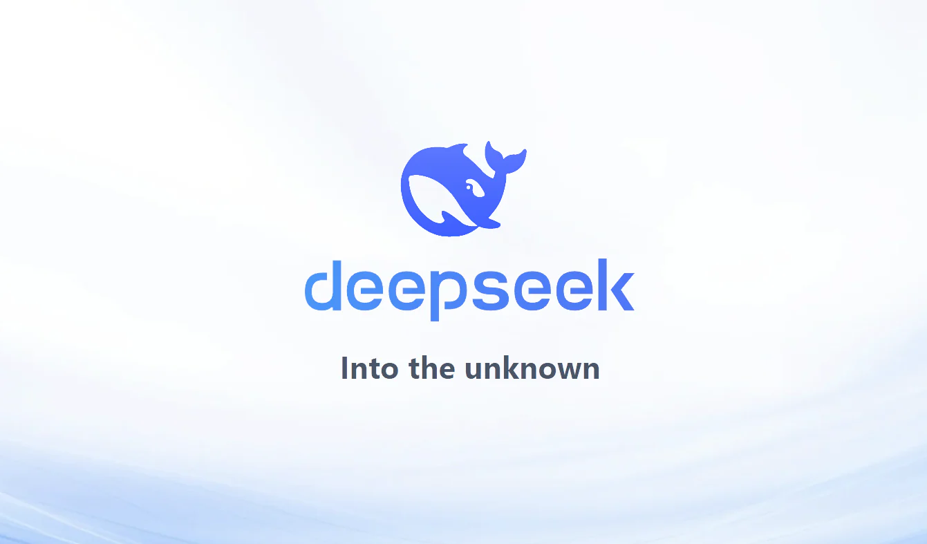 A logo with a blue whale icon above the text 'deepseek' and the caption 'Into the unknown' below it.