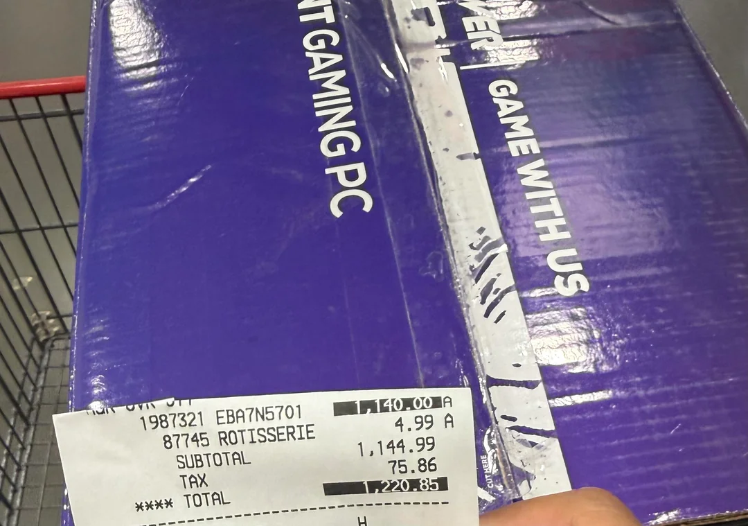 A shopping cart holds an HP Omen 45L gaming PC box next to a receipt showing a subtotal of $1,144.99.