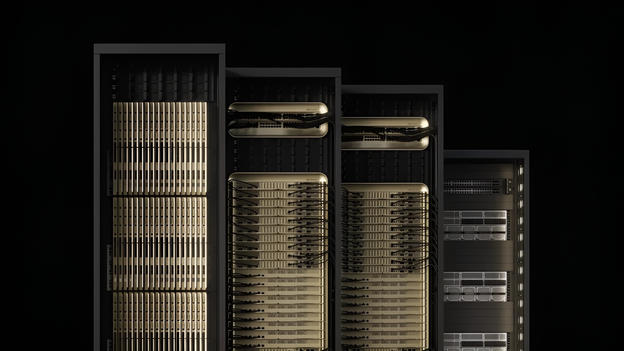 A row of NVIDIA DGX servers with gold accents is set against a black background.