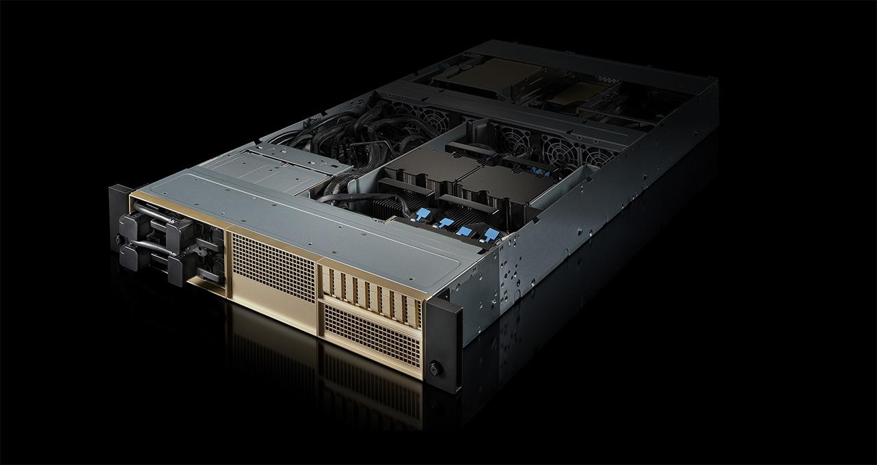 An NVIDIA server unit with visible cooling fans and cable management, set against a black background.