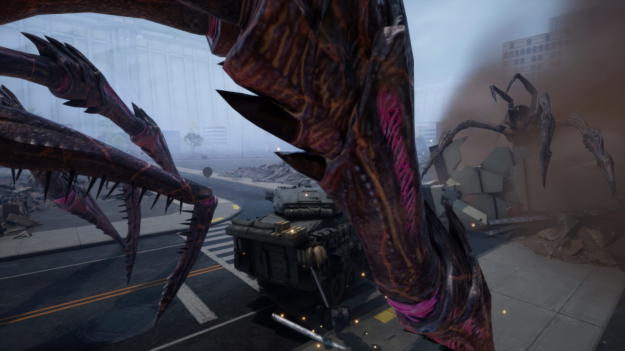 A large alien creature with multiple legs attacks a military vehicle amidst urban destruction in a video game scene.