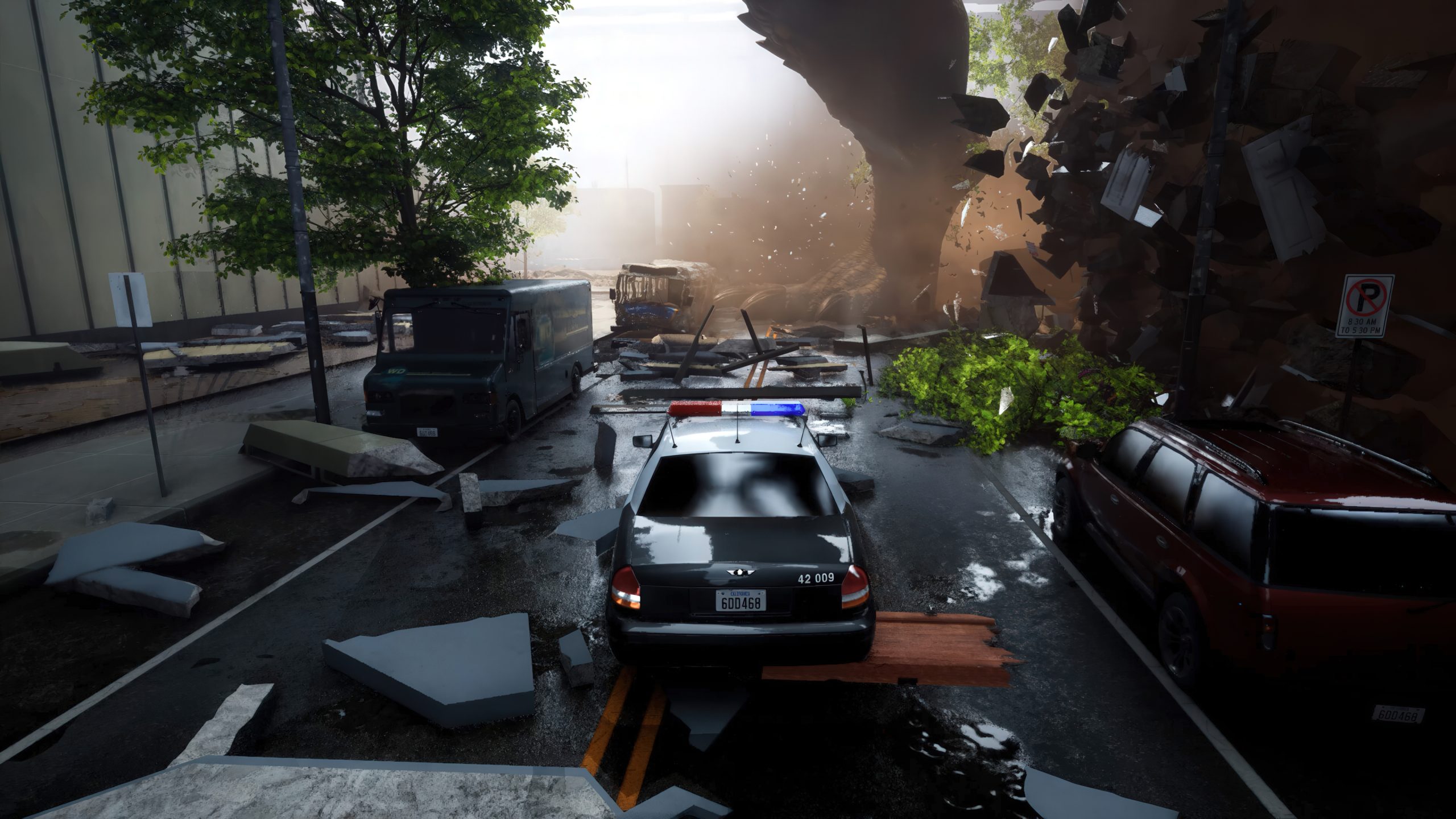 A police car approaches a chaotic scene with debris and destroyed vehicles on a city street, while a massive crater emerges nearby.