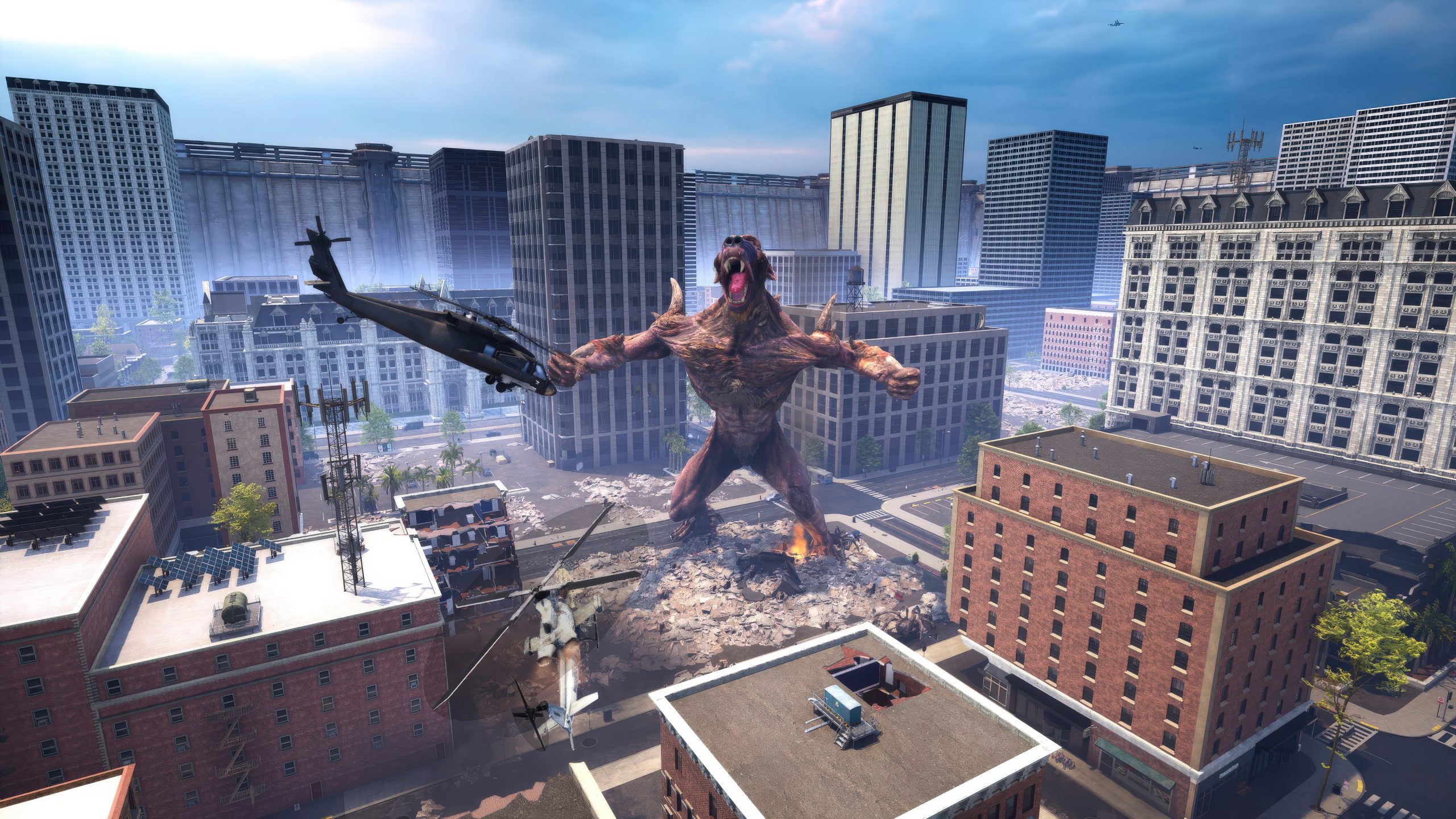 A large creature attacks a city while a helicopter flies nearby, in an urban destruction scene from a video game.