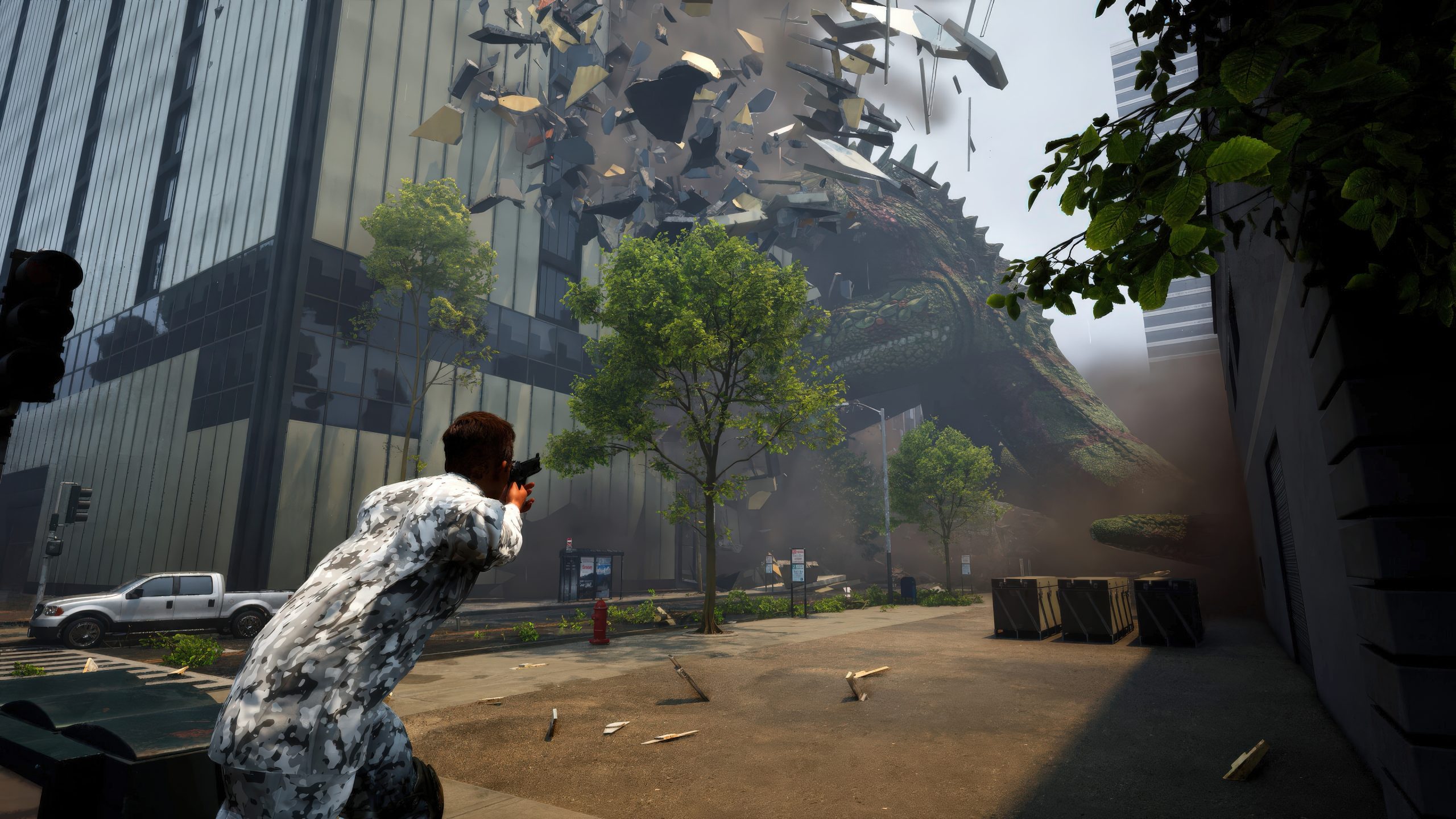 A soldier aims a gun at a giant creature breaking through a building in an urban setting in a video game scene.