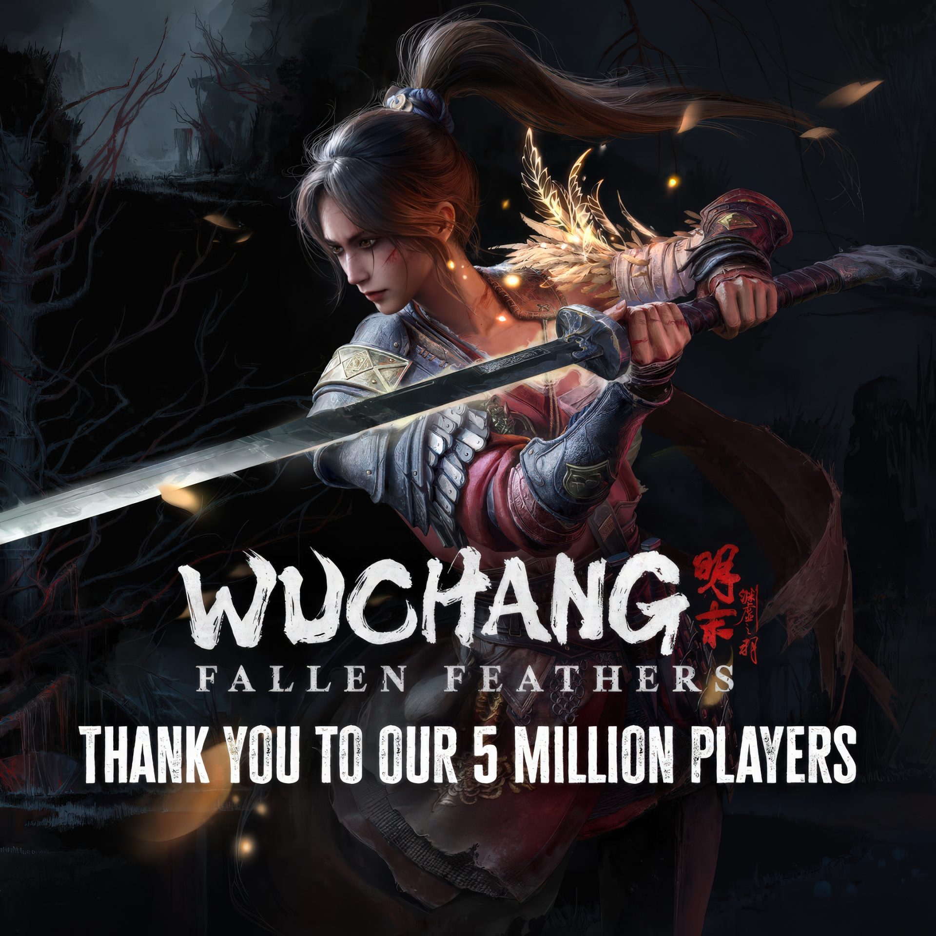 A character from the game Wuchang: Fallen Feathers holding a sword, with the text 'Thank you to our 5 Million Players.'