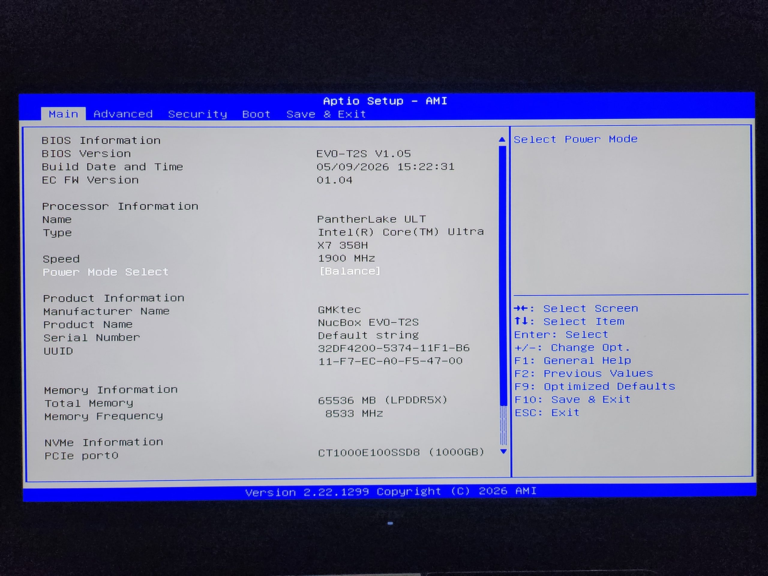 The BIOS setup screen titled 'Aptio Setup - AMI' shows an Intel Core Ultra X7 358H processor in a GMKtec NucBox EV0-T2S with 65,536 MB LPDDR5X memory.