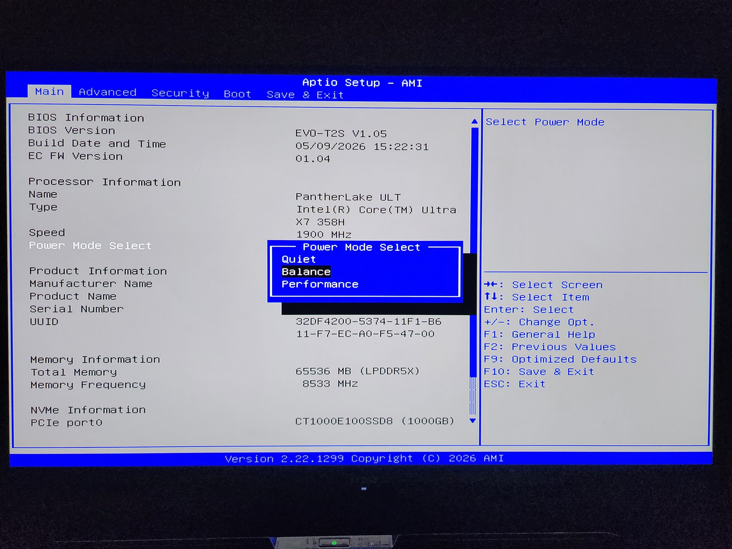 The BIOS setup screen displays an 'Aptio Setup - AMI' interface with options for the Intel Core Ultra X7 358H, showing 'Power Mode Select' options including 'Quiet,' 'Balance,' and 'Performance.'
