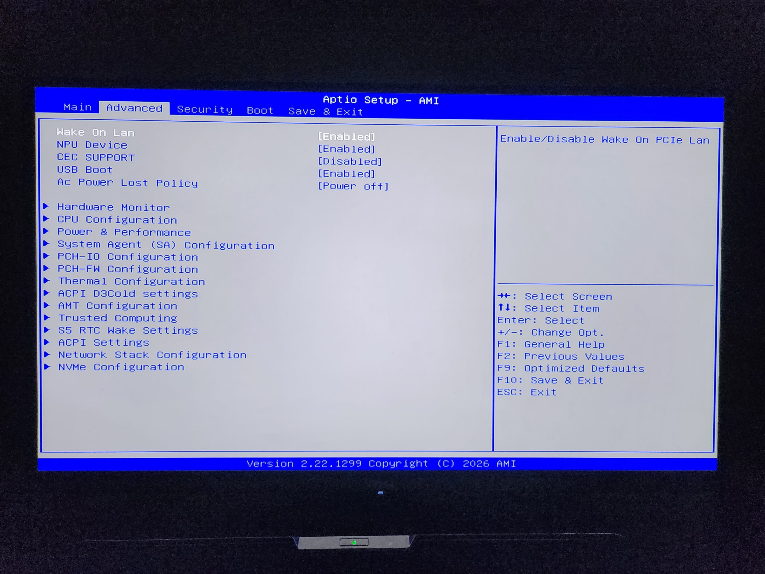 A BIOS setup screen titled 'Aptio Setup - AMI' showing configuration options such as 'Wake On LAN' and 'USB Boot' with version 2.22.1299 copyright 2026 AMI.