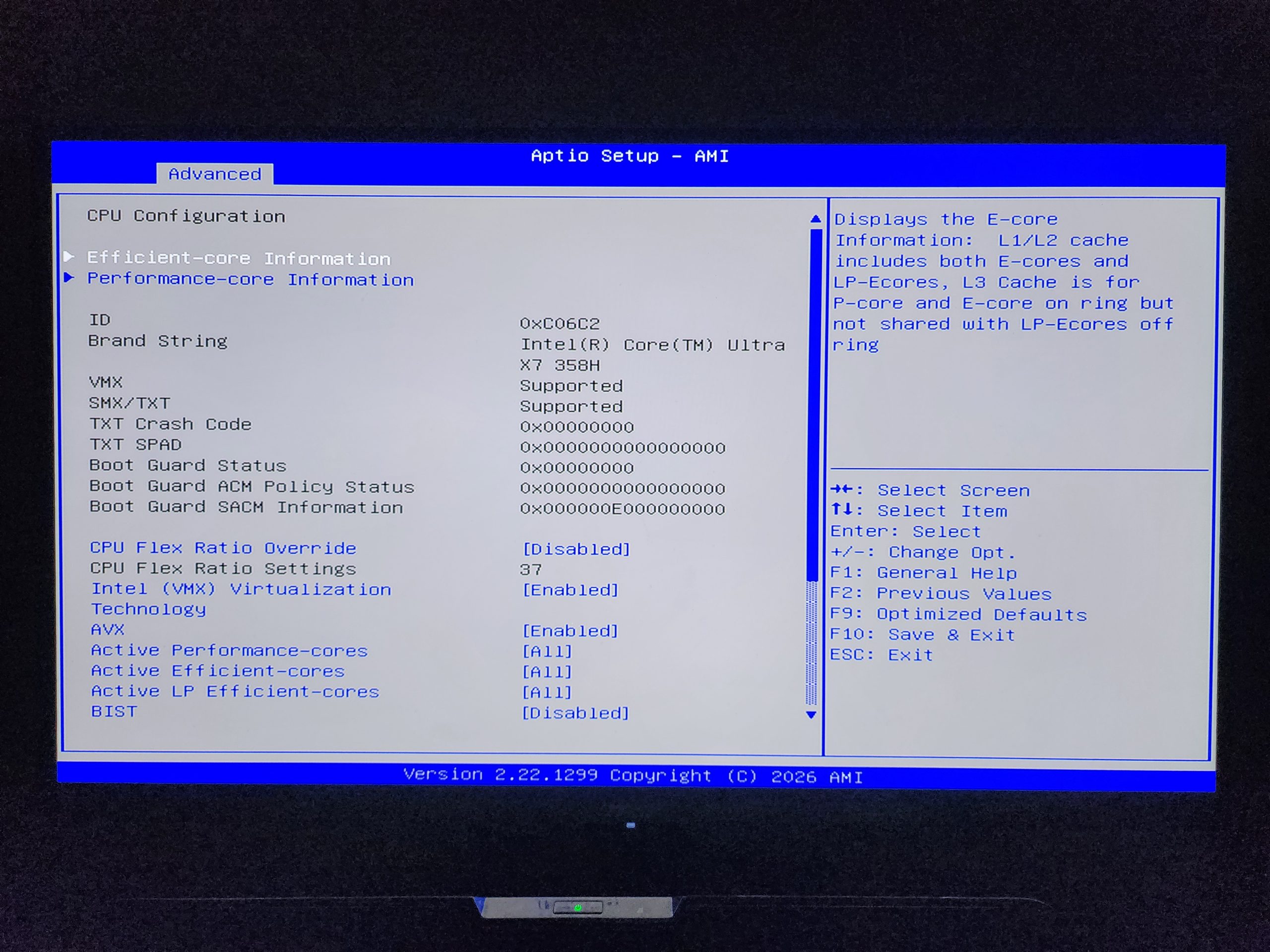 The image shows a BIOS setup screen from Aptio Setup - AMI, detailing 'Performance-core Information' with the brand string 'Intel(R) Core(TM) Ultra X7 385H,' along with virtualization technology enabled and various core settings displayed.