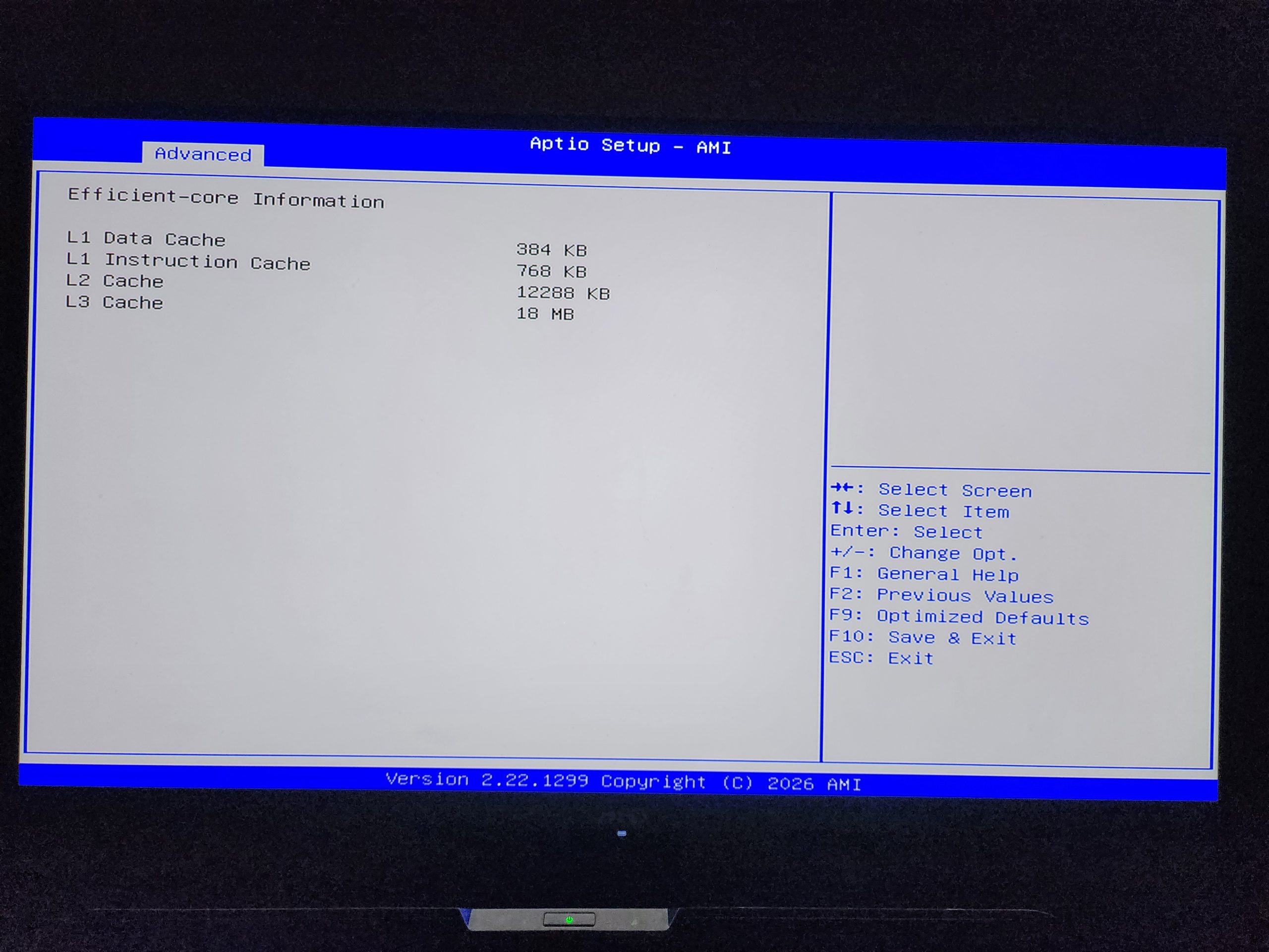A BIOS setup screen titled 'Aptio Setup - AMI' displays efficient-core information, including 'L1 Data Cache 384 KB', 'L1 Instruction Cache 768 KB', 'L2 Cache 12288 KB', and 'L3 Cache 18 MB'.