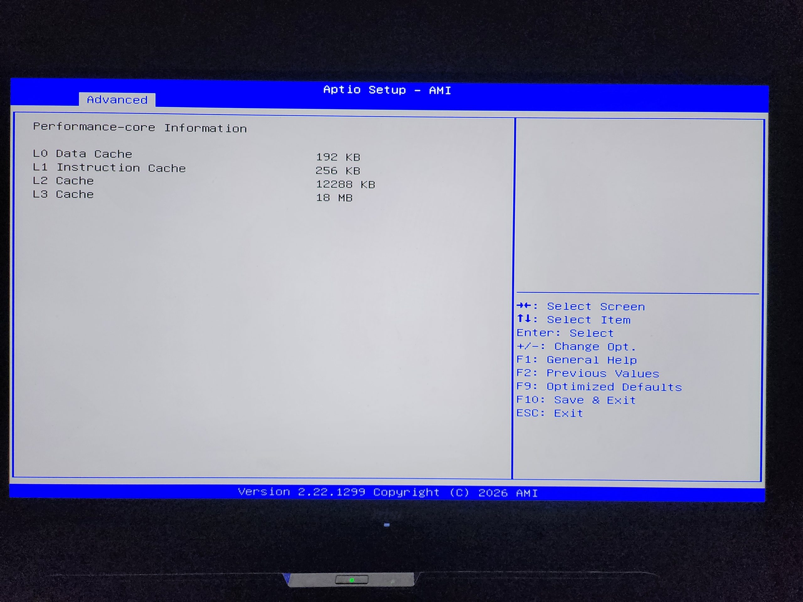 The BIOS setup screen titled 'Aptio Setup - AMI' displays performance-core information including 'L0 Data Cache: 192 KB' and 'L3 Cache: 18 MB'.