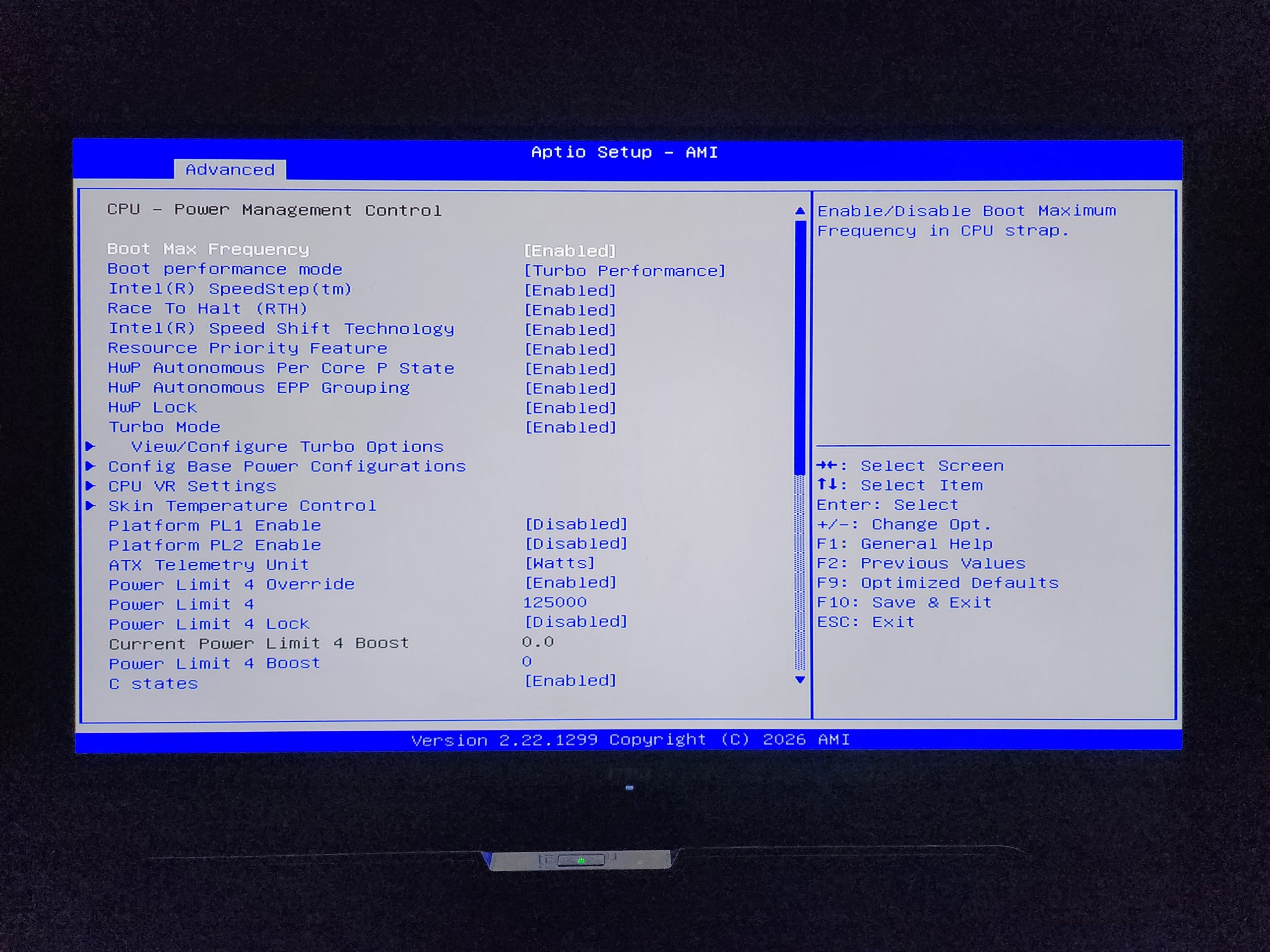 A BIOS menu from AMI with the 'Advanced' tab selected, showing CPU power management options such as Intel(R) SpeedStep, Race To Halt, and Turbo Mode all set to 'Enabled'.