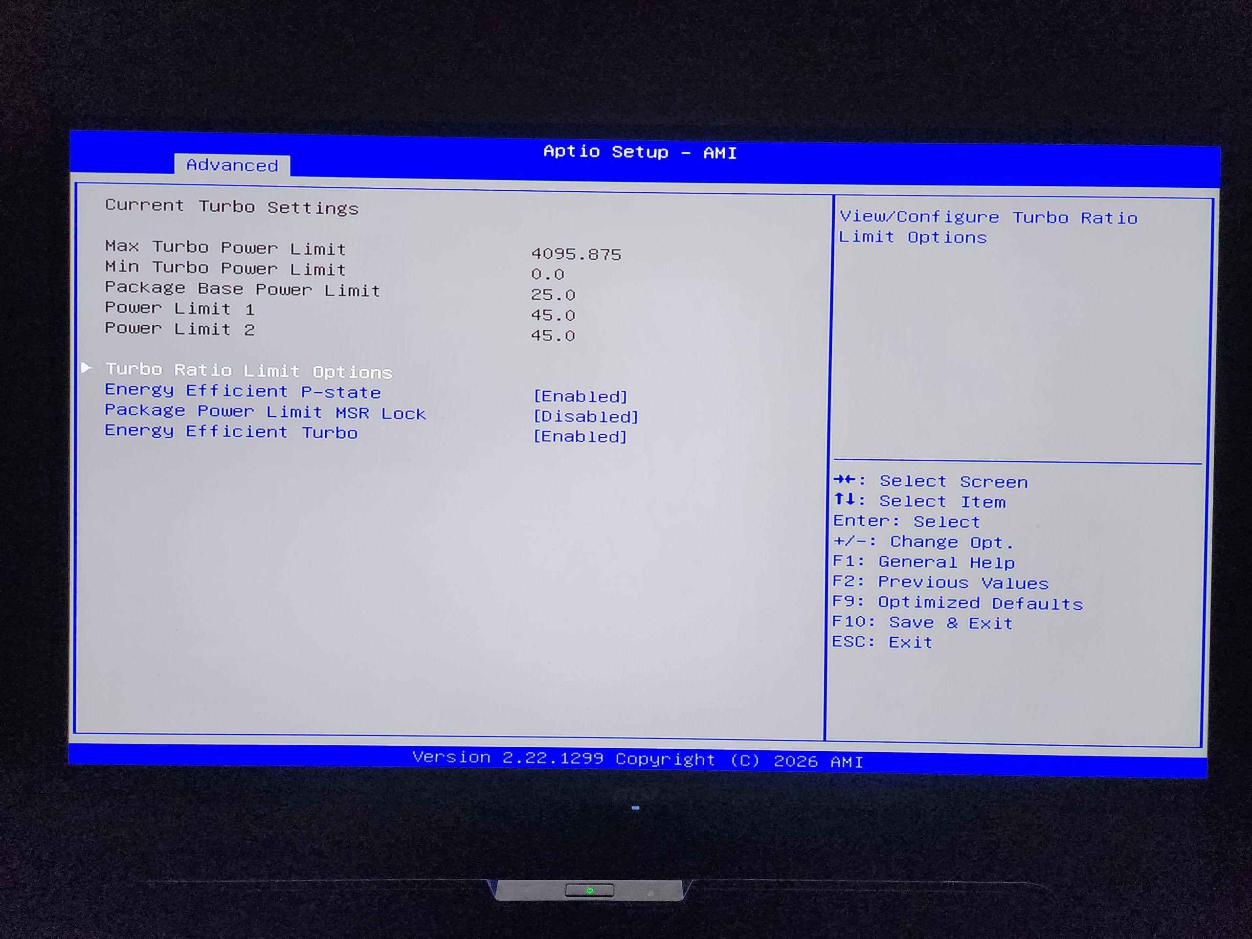 A BIOS setup screen titled 'Aptio Setup - AMI' displays turbo settings with a max turbo power limit of 4095.875 and options for power limits and energy efficiency.