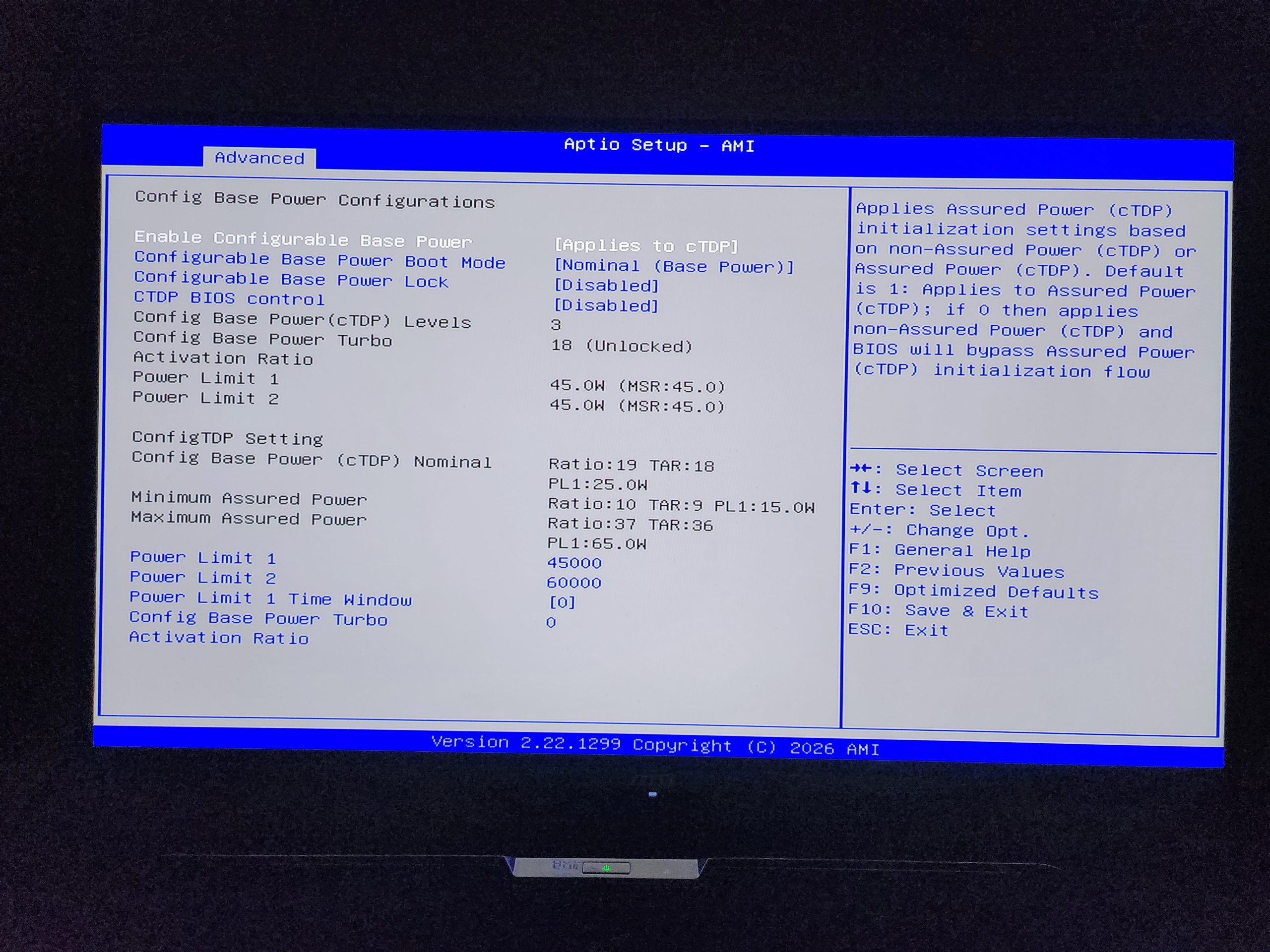 The BIOS setup screen titled 'Aptio Setup - AMI' displays configurable base power configurations with active settings for power limits and cTDP levels.