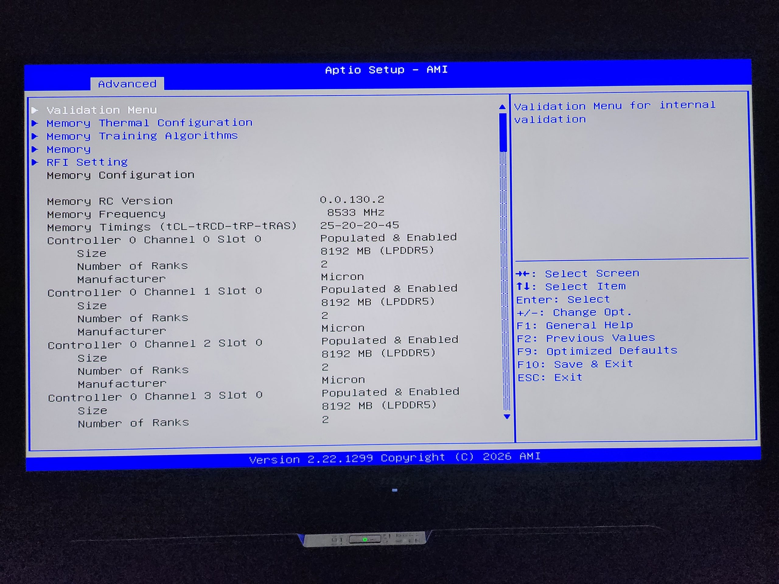 The BIOS setup screen for 'Aptio Setup - AMI' shows memory configuration details including a memory frequency of 8533 MHz and Micron LPDDR5 modules with a size of 8192 MB each.