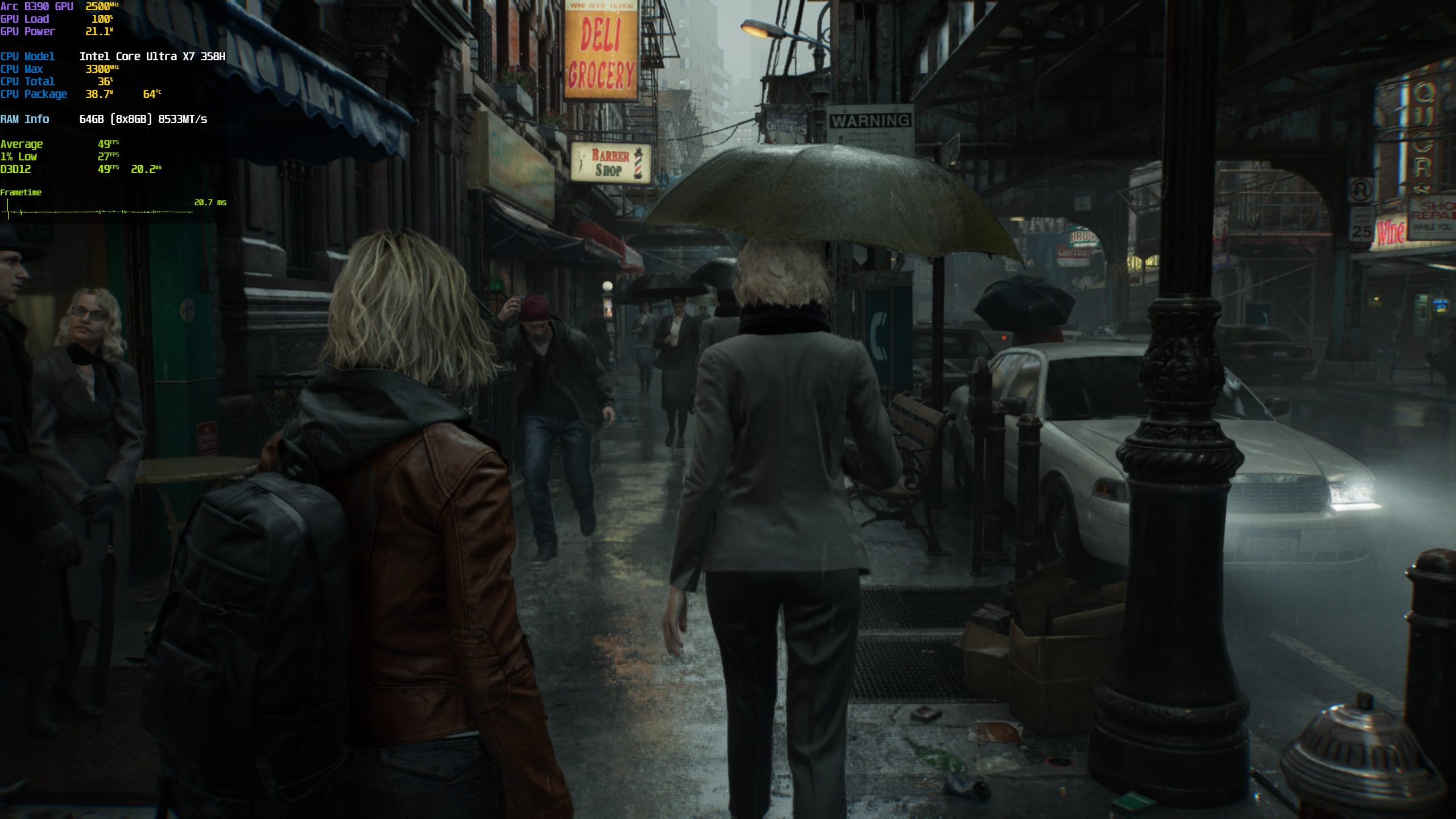 A scene from a video game displays a rainy street with characters holding umbrellas, while performance metrics on the top left corner show 'Intel Core Ultra X7 350H' CPU details.