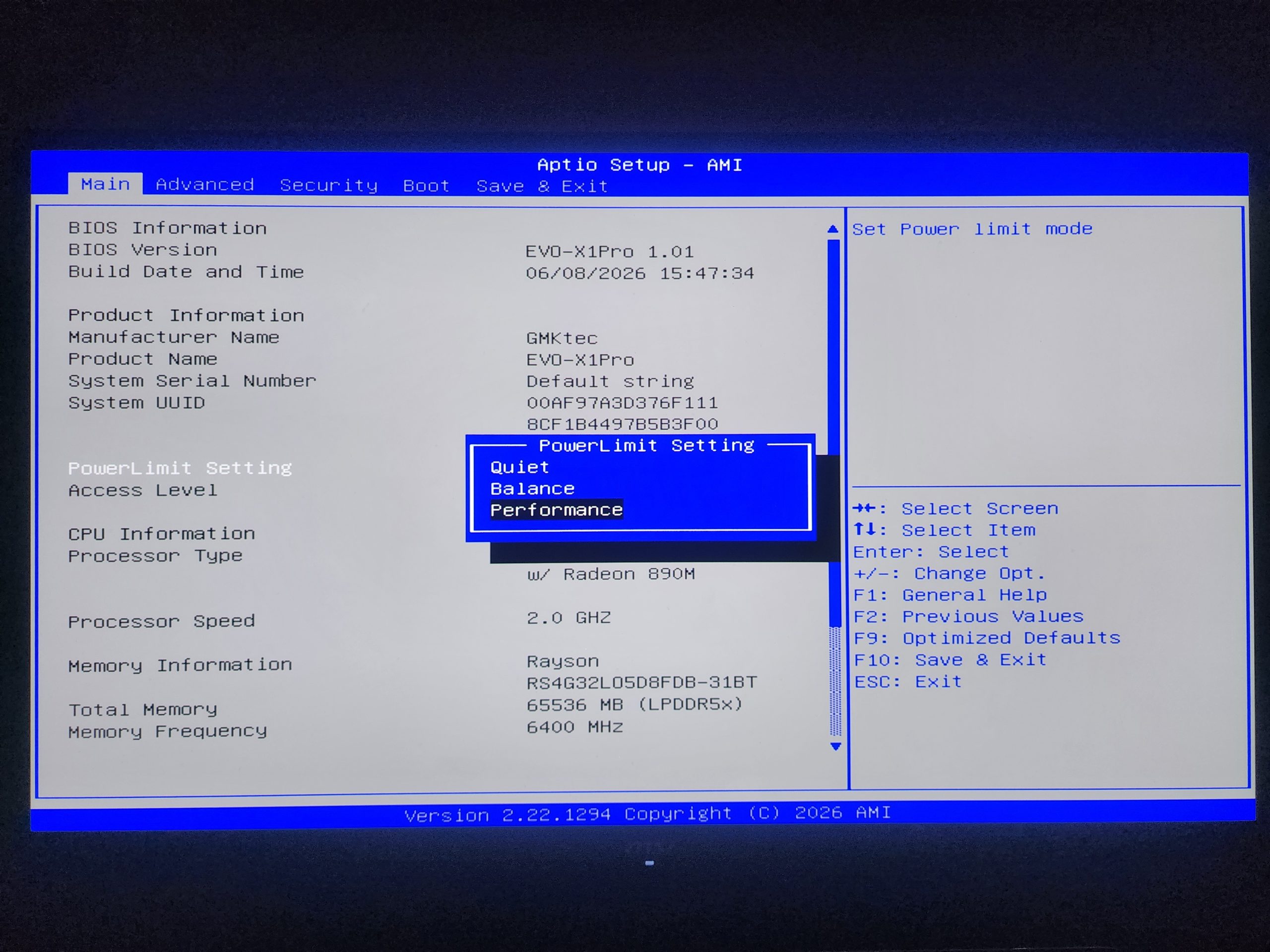 The BIOS setup screen for the GMKtec EVO-X1Pro displays processor information with a 'PowerLimit Setting' box highlighting options for 'Quiet,' 'Balance,' and 'Performance' modes.