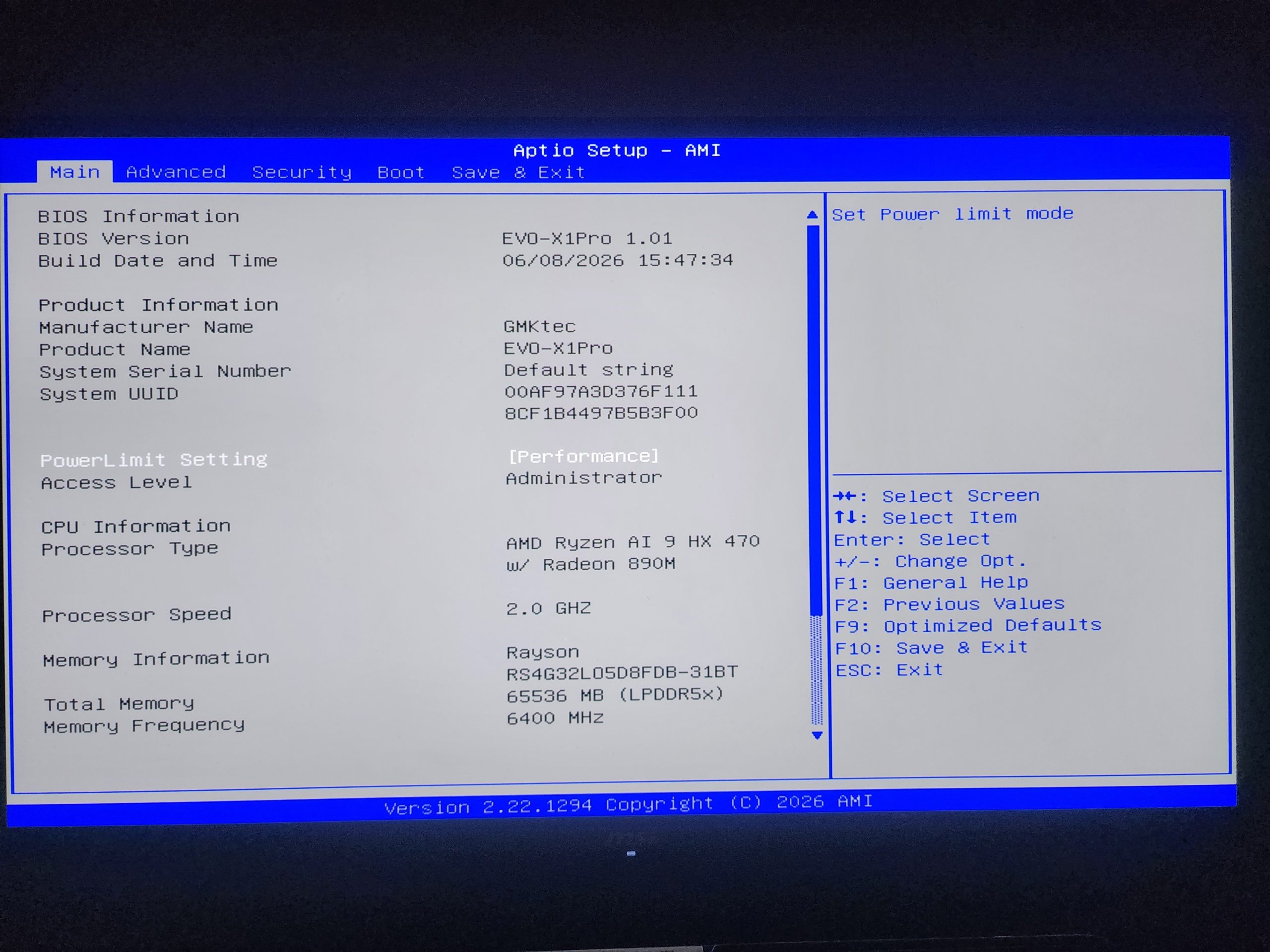 The BIOS setup screen displays details for the GMKtec EVO-X1Pro, featuring an AMD Ryzen AI 9 HX 470 processor with Radeon 8M390M, 2.0 GHZ speed, and 64 GB LPDDR5x memory.