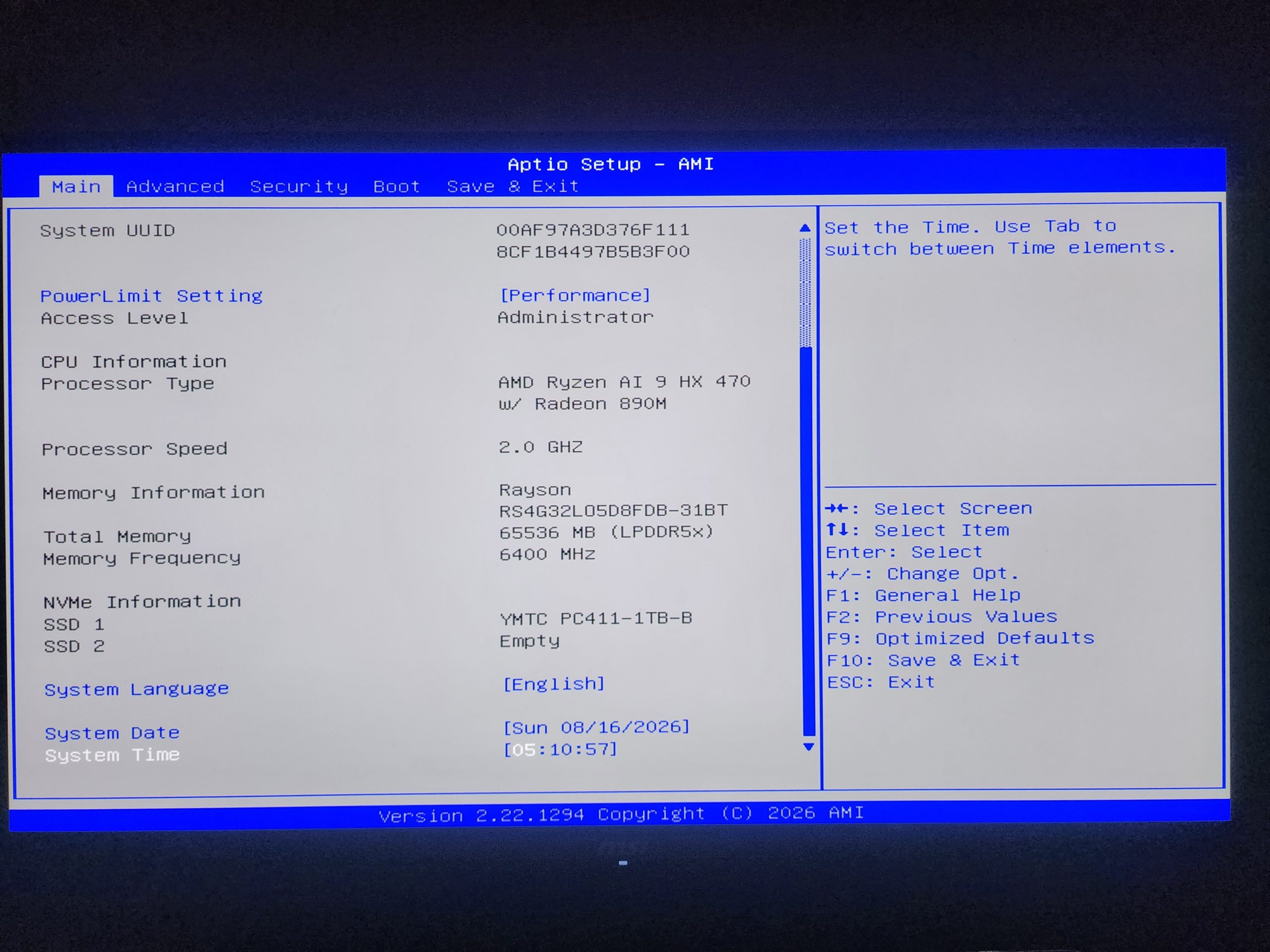 The BIOS setup screen shows an AMD Ryzen AI 9 HX 470 with Radeon 890M CPU running at 2.0 GHz, with 65536 MB of Rayson memory at 6400 MHz, and a YMTC PC411-1TB-B SSD installed.