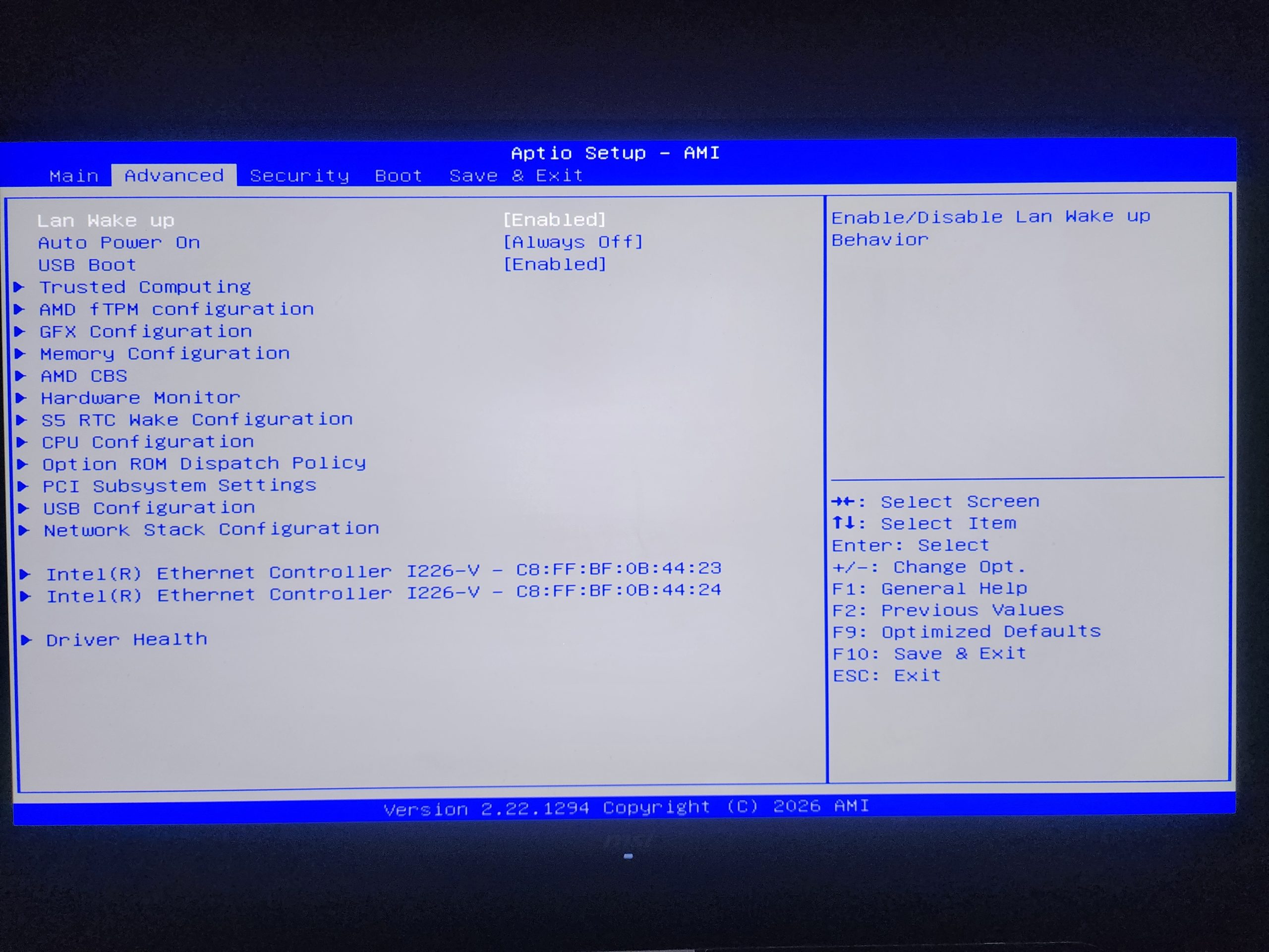 The image shows the 'Advanced' tab of the Aptio Setup - AMI BIOS interface, listing options like 'Lan Wake up,' 'AMD FTPM configuration,' 'Intel(R) Ethernet Controller I226-V,' and displaying version 2.22.1294 copyright © 2026 AMI.