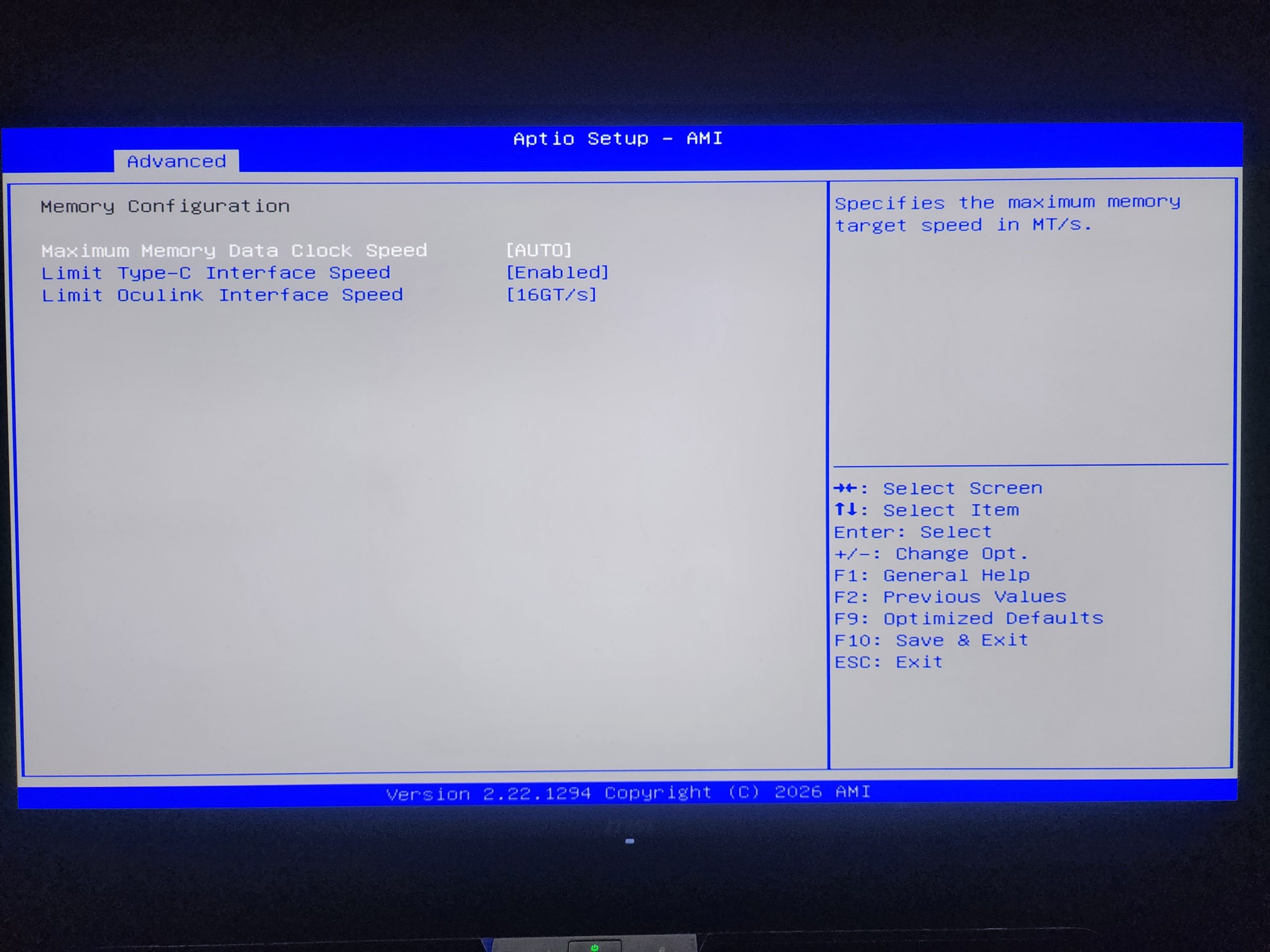 The BIOS Aptio Setup by AMI shows memory configuration settings with 'Maximum Memory Data Clock Speed [AUTO]', 'Limit Type-C Interface Speed [Enabled]', and 'Limit Oculink Interface Speed [16GT/s]'.