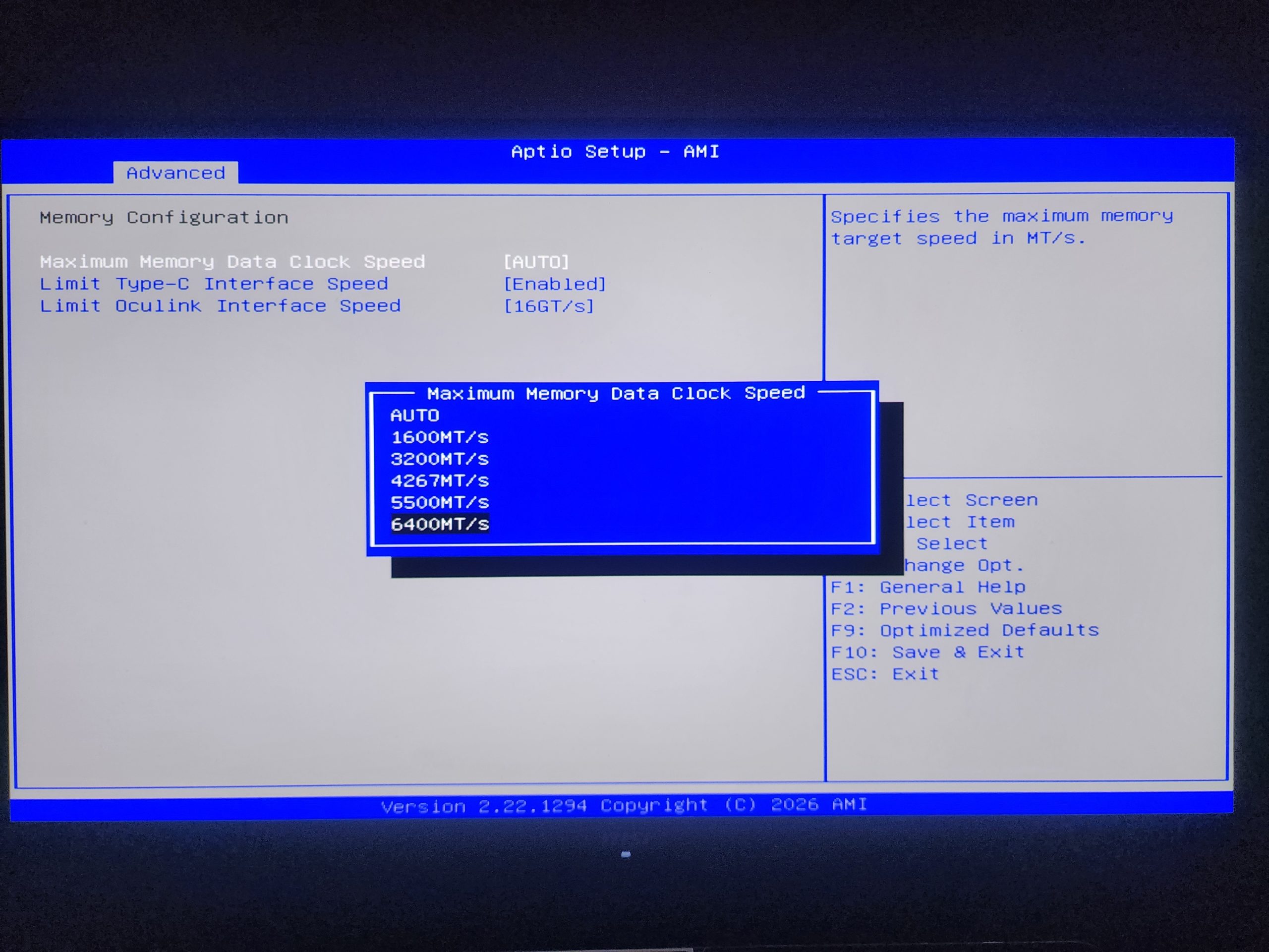 The BIOS screen shows the 'Aptio Setup - AMI' with the 'Maximum Memory Data Clock Speed' options menu open, displaying selections from 'AUTO' to '6400MT/s'.