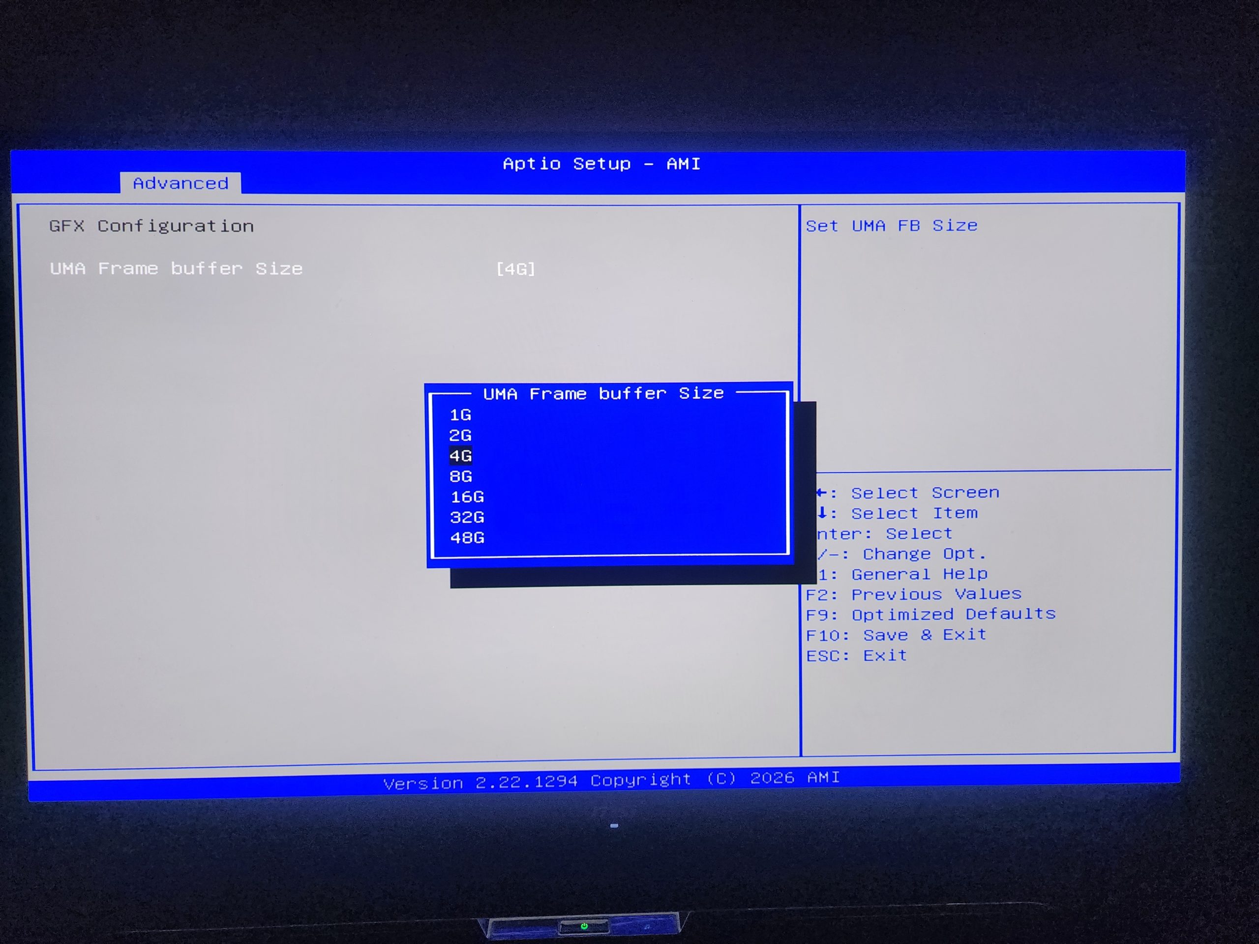 A BIOS screen showing the 'UMA Frame buffer Size' menu with options ranging from 1G to 48G and the current selection at '4G'.