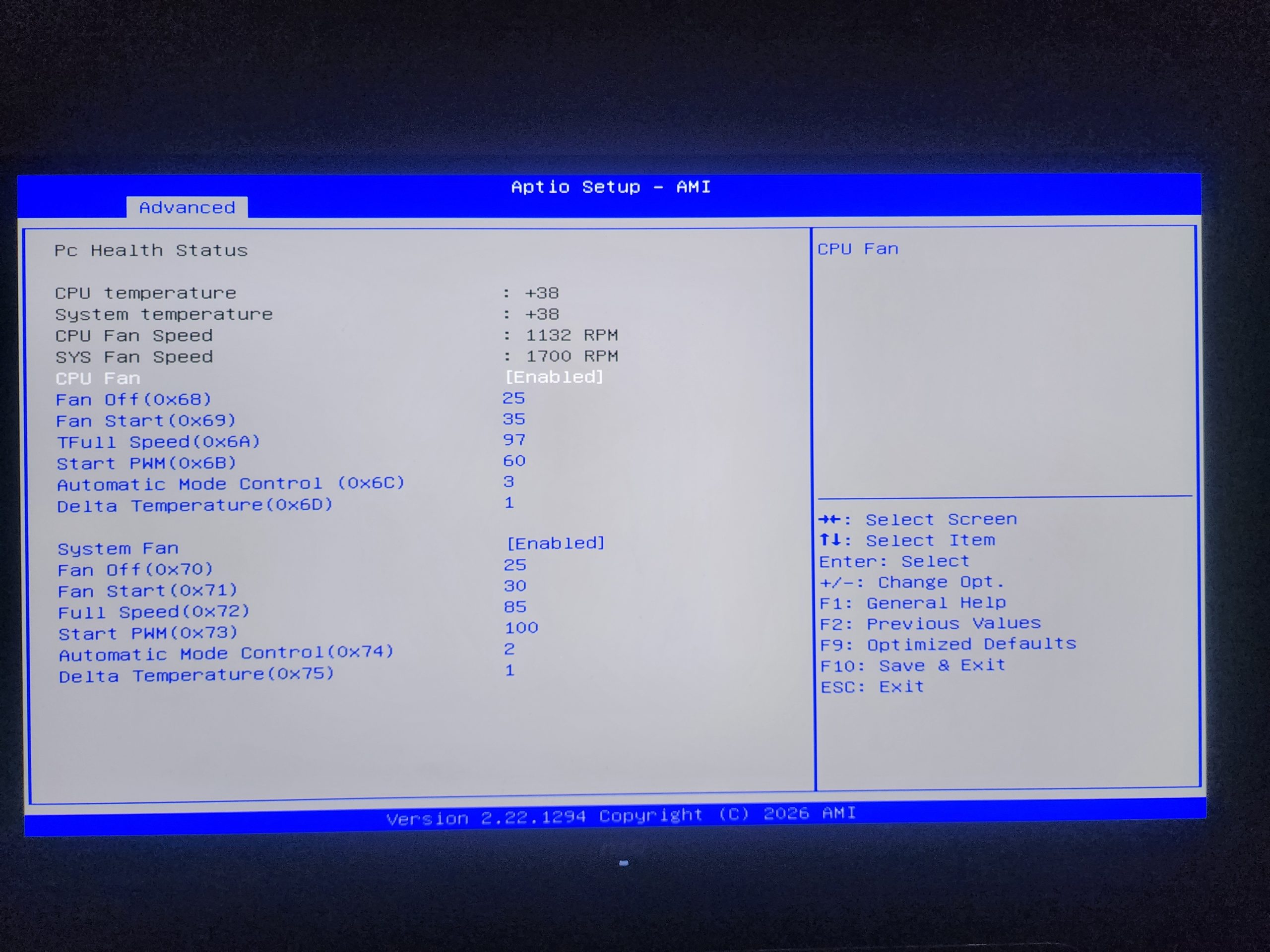 The image shows the 'Aptio Setup - AMI' BIOS screen under the 'Advanced' tab, displaying PC Health Status with CPU temperature at 38°C, CPU fan speed at 1132 RPM, and SYS fan speed at 1700 RPM.