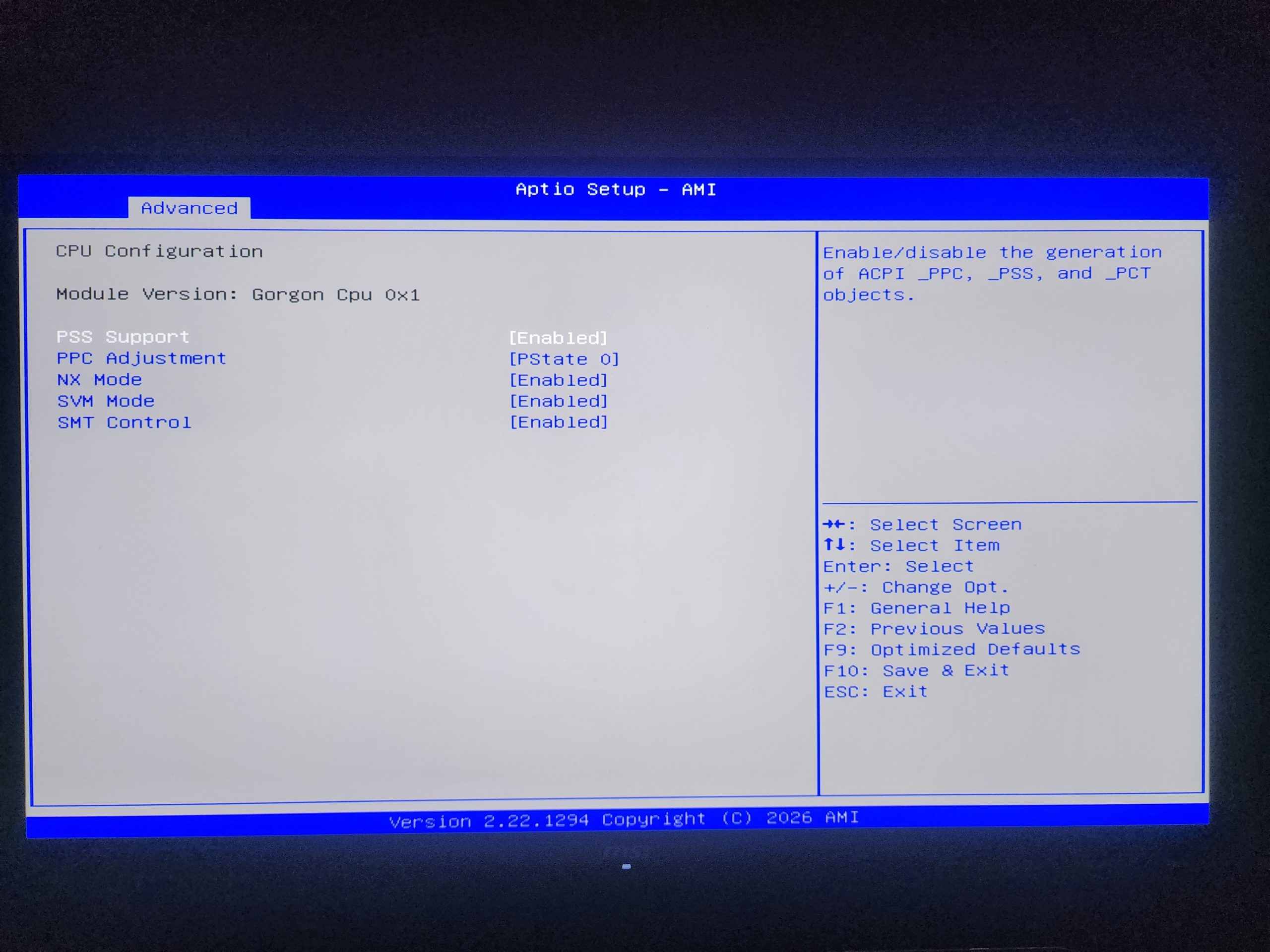 Aptio Setup AMI BIOS screen showing CPU configuration with 'Module Version: Gorgon Cpu 0x1' and several options set as 'Enabled'.