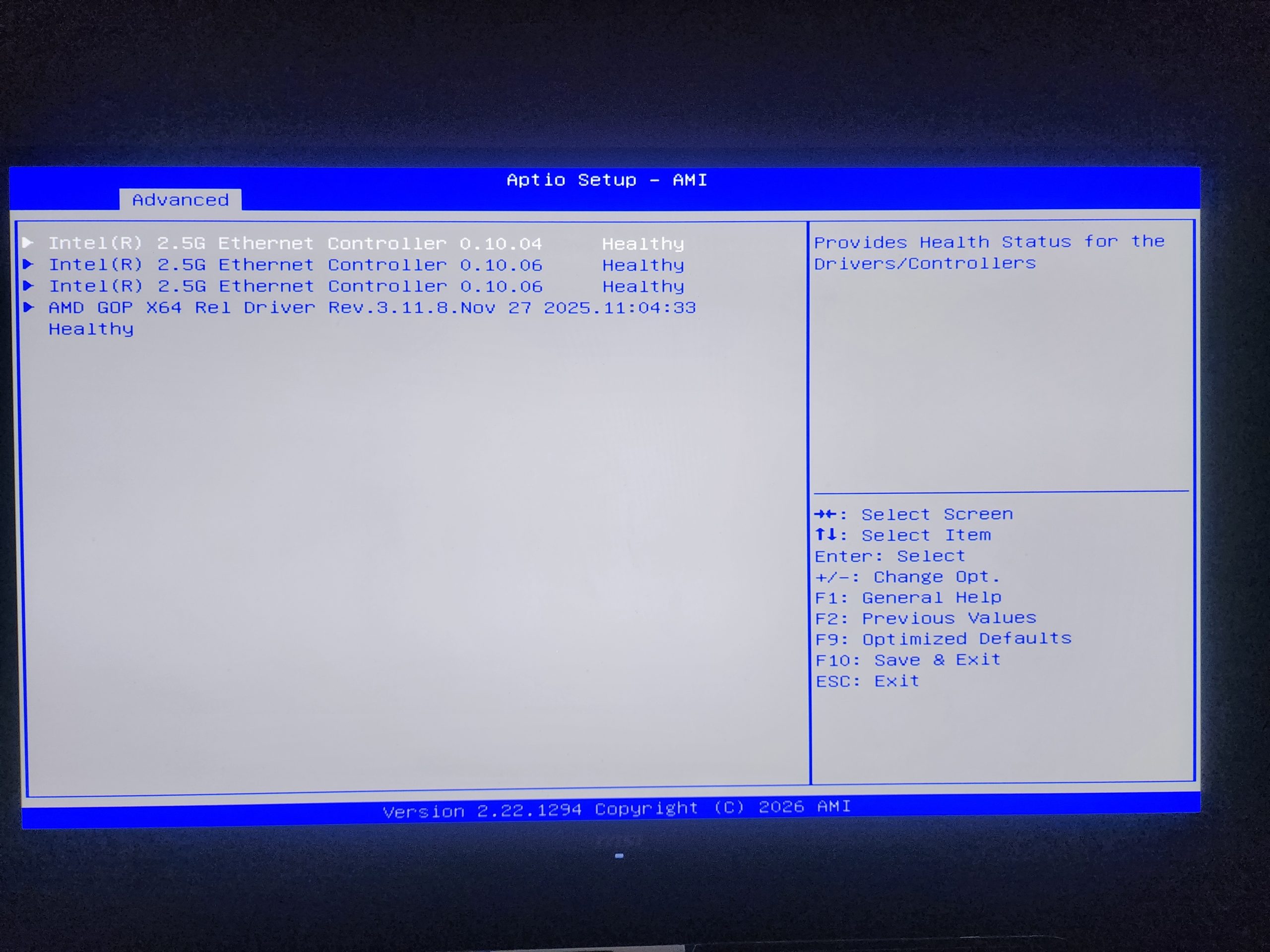 A BIOS setup screen labeled 'Aptio Setup - AMI' shows the health status of 'Intel(R) 2.5G Ethernet Controller' and 'AMD GOP X64 Rel Driver' as 'Healthy,' with version 2.22.1294 dated 2026.