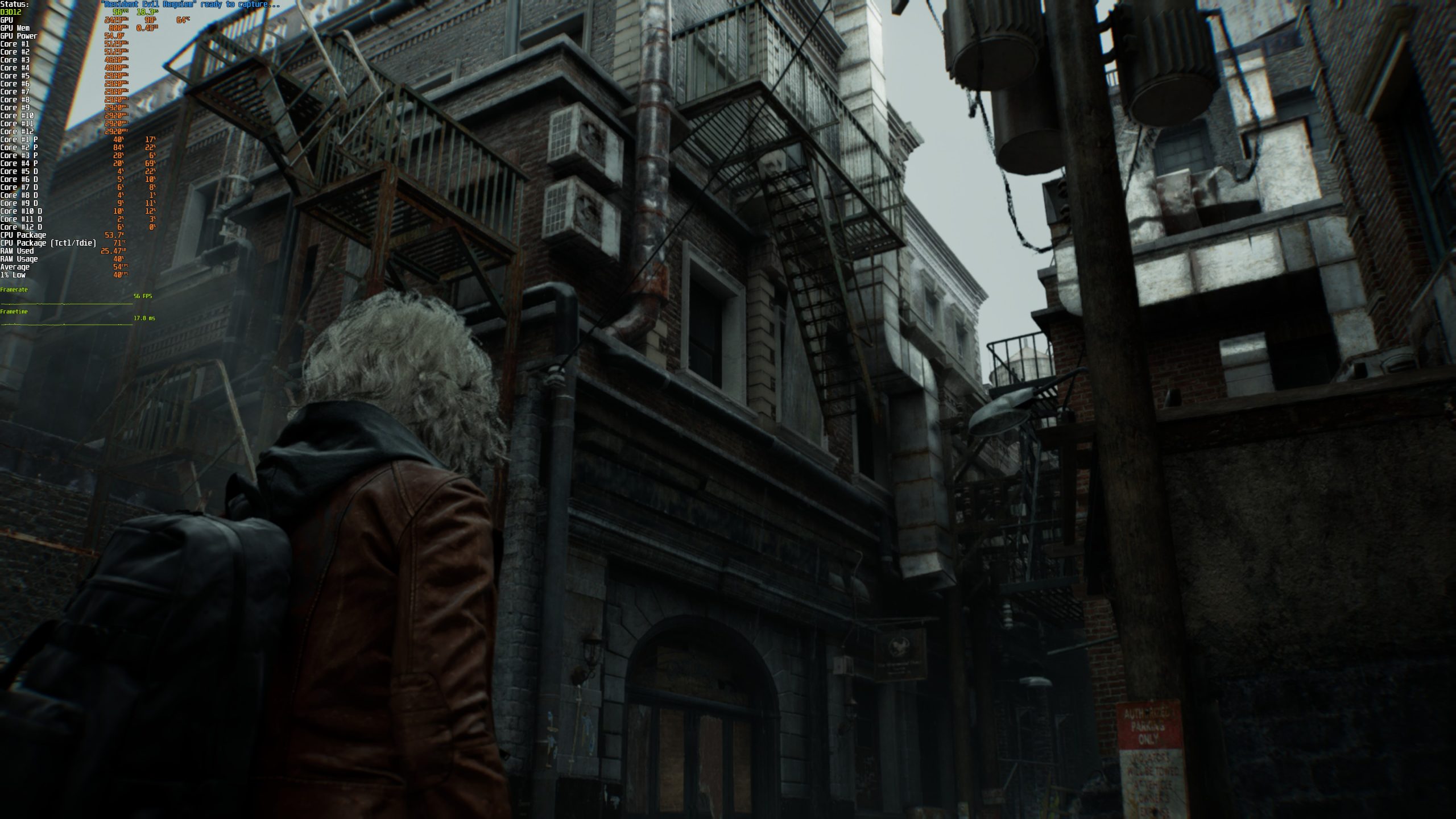 A character in a coat stands in a detailed urban environment in the game 'Lies of P', with system overlay text displaying GPU and CPU usage statistics on the left.