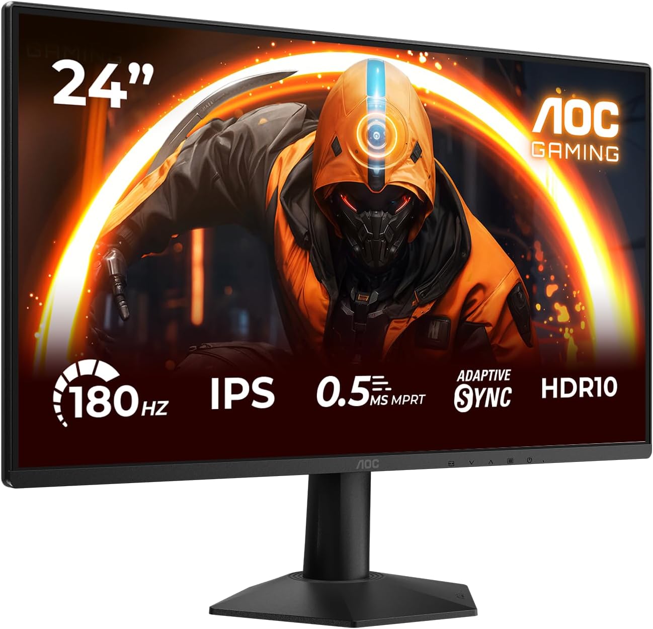 AOC Gaming monitor displaying a futuristic character, with specifications including '24', '180 Hz', 'IPS', '0.5 ms MPRT', 'Adaptive Sync', and 'HDR10'.
