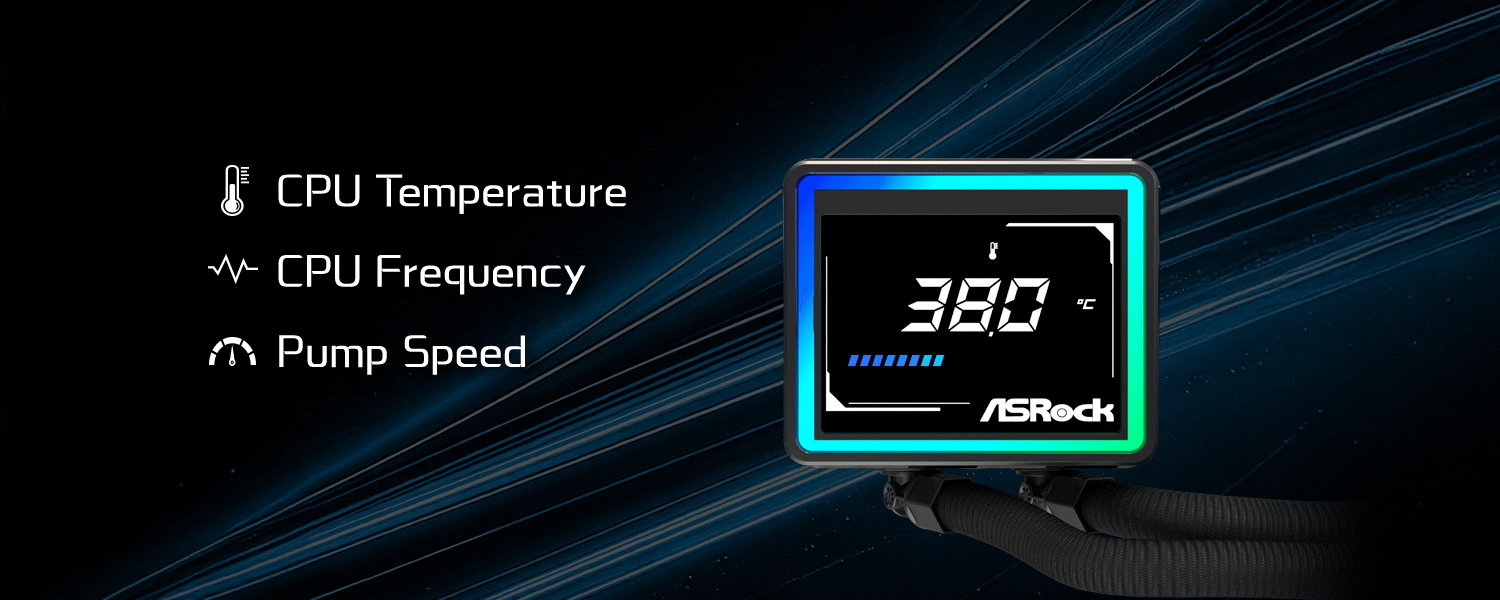 An ASRock display shows '38°C' CPU temperature with icons for CPU temperature, CPU frequency, and pump speed.