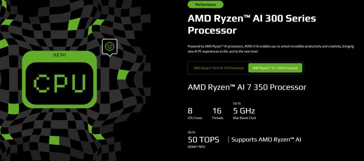 The image showcases specs for the AMD Ryzen AI 7 350 processor, featuring 8 CPU cores, 16 threads, a max boost clock of up to 5 GHz, and up to 50 TOPS, along with support for AMD Ryzen AI.
