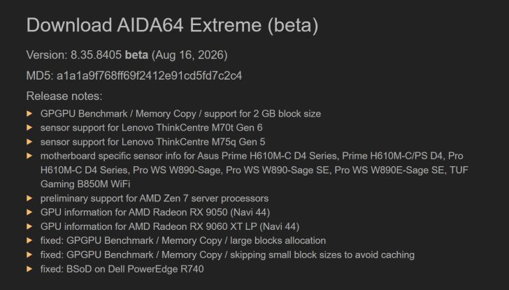 The image shows a 'Download AIDA64 Extreme (beta)' screen with version 8.35.8405 beta release notes, including support for Lenovo ThinkCentre M70t Gen 6 and M75q Gen 5, AMD Radeon RX 9050 (Navi 44), and fixes for GPGPU Benchmark.