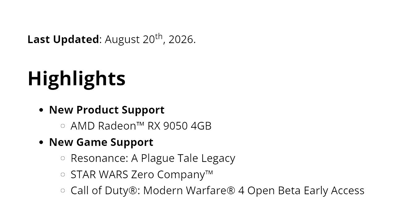 A slide titled 'Highlights' shows new product support for AMD Radeon RX 9050 4GB and new game support for Resonance: A Plague Tale Legacy, STAR WARS Zero Company, and Call of Duty: Modern Warfare 4 Open Beta Early Access.