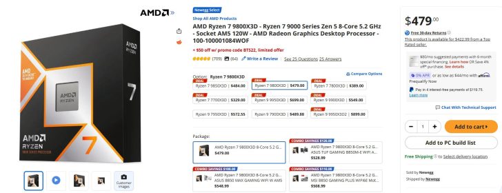 The image shows the packaging for the AMD Ryzen 7 9800X3D 9000 Series Processor with 3D V-Cache technology, alongside pricing and purchasing options on a Newegg product page, featuring a sale price of $479.00 with potential savings.