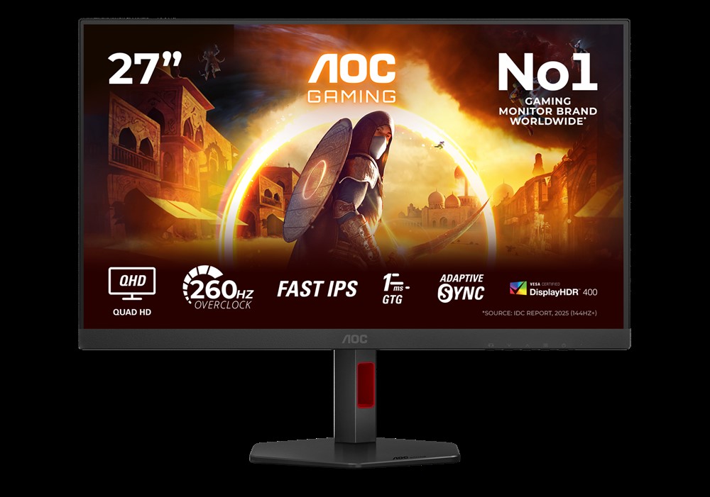 A 27-inch AOC Gaming monitor displays features such as 'QHD Quad HD,' '260Hz Overclock,' 'FAST IPS,' '1ms - GTG,' and 'Adaptive Sync,' with a background image of a knight in a video game setting.