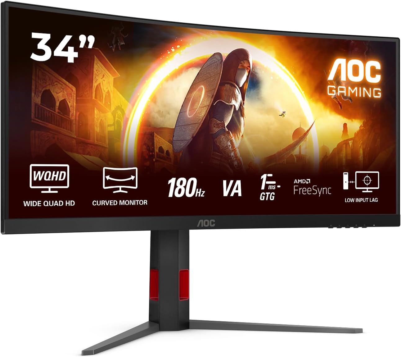 AOC Gaming 34-inch curved monitor displaying specifications such as 'WQHD,' '180Hz,' '1ms GTG,' and 'AMD FreeSync.'