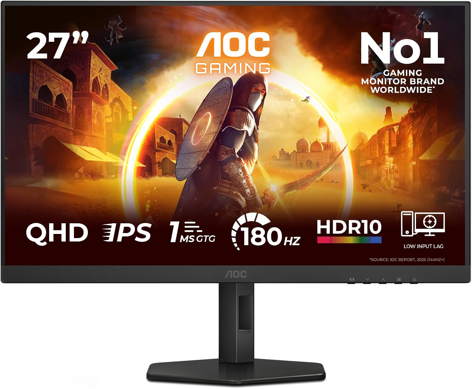 AOC Gaming 27-inch monitor with 'QHD IPS,' '1MS GTG,' '180HZ,' and 'HDR10' features, showing a warrior in an Arabian-themed setting on the screen.