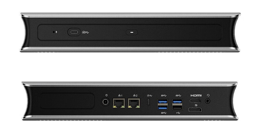 The image shows the front and back views of an unbranded computer or server with ports labeled, including Ethernet, USB, HDMI, and audio input/output.